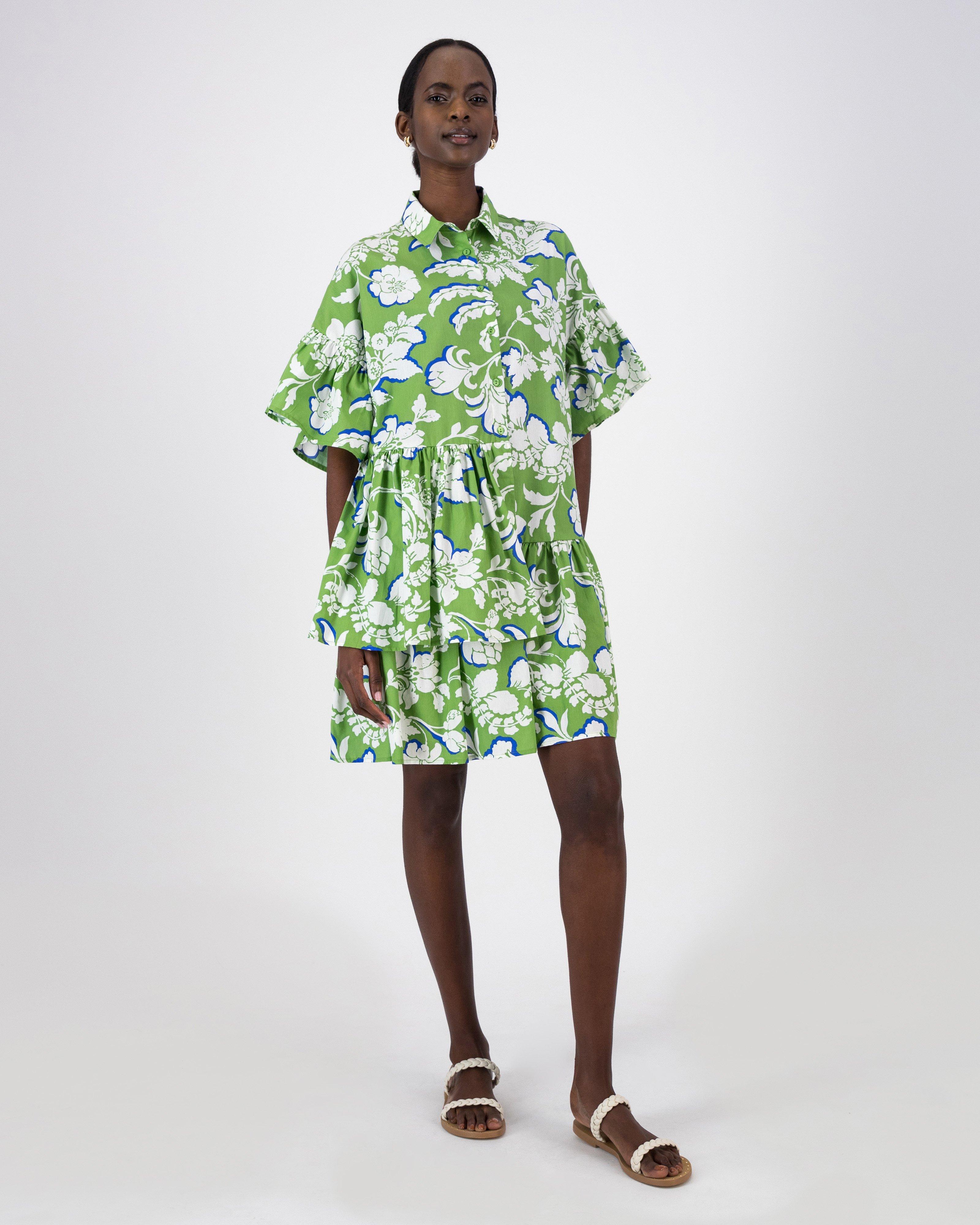 June Tiered Printed Dress -  Green