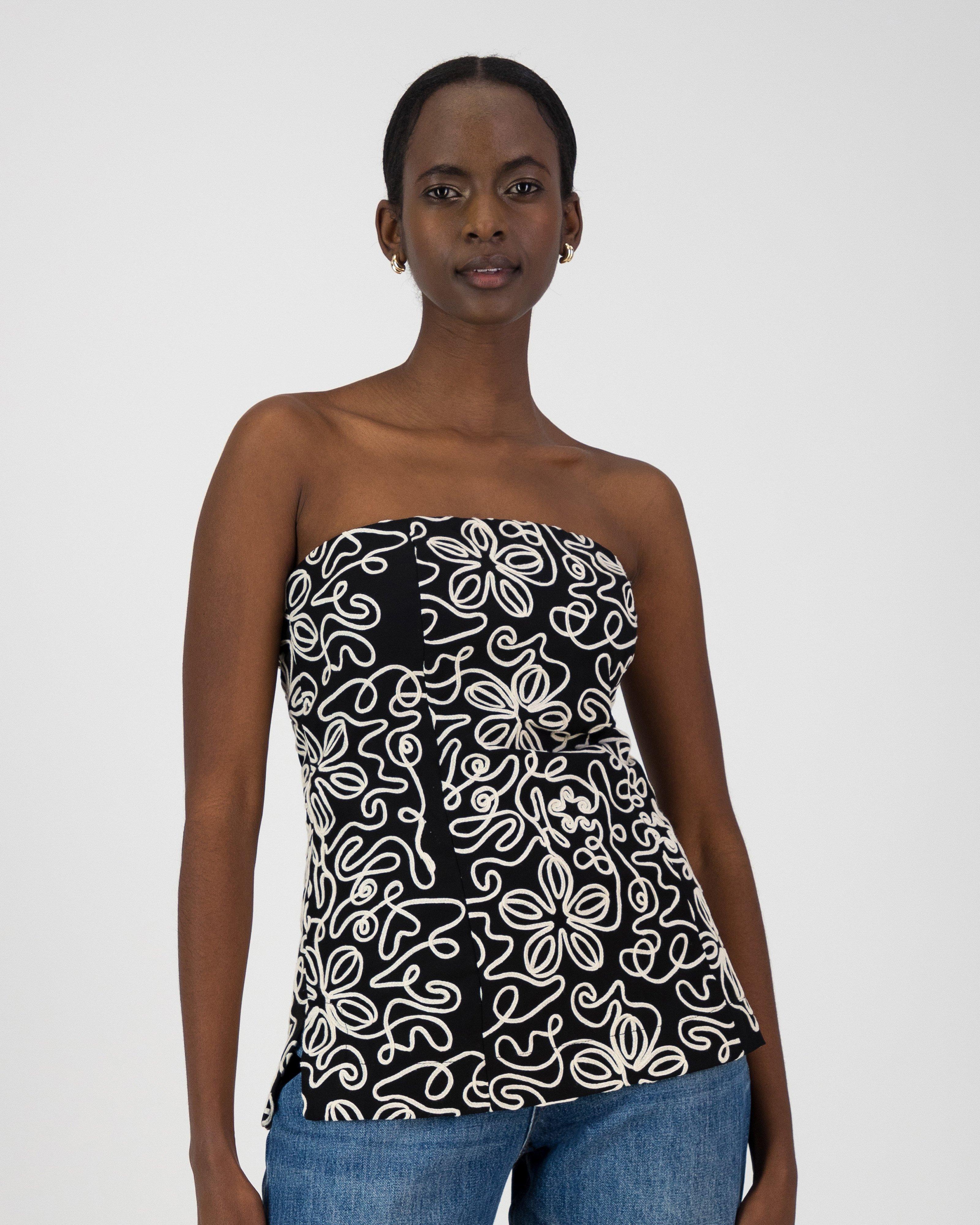Mia Embroidered Strapless Top -  Black
