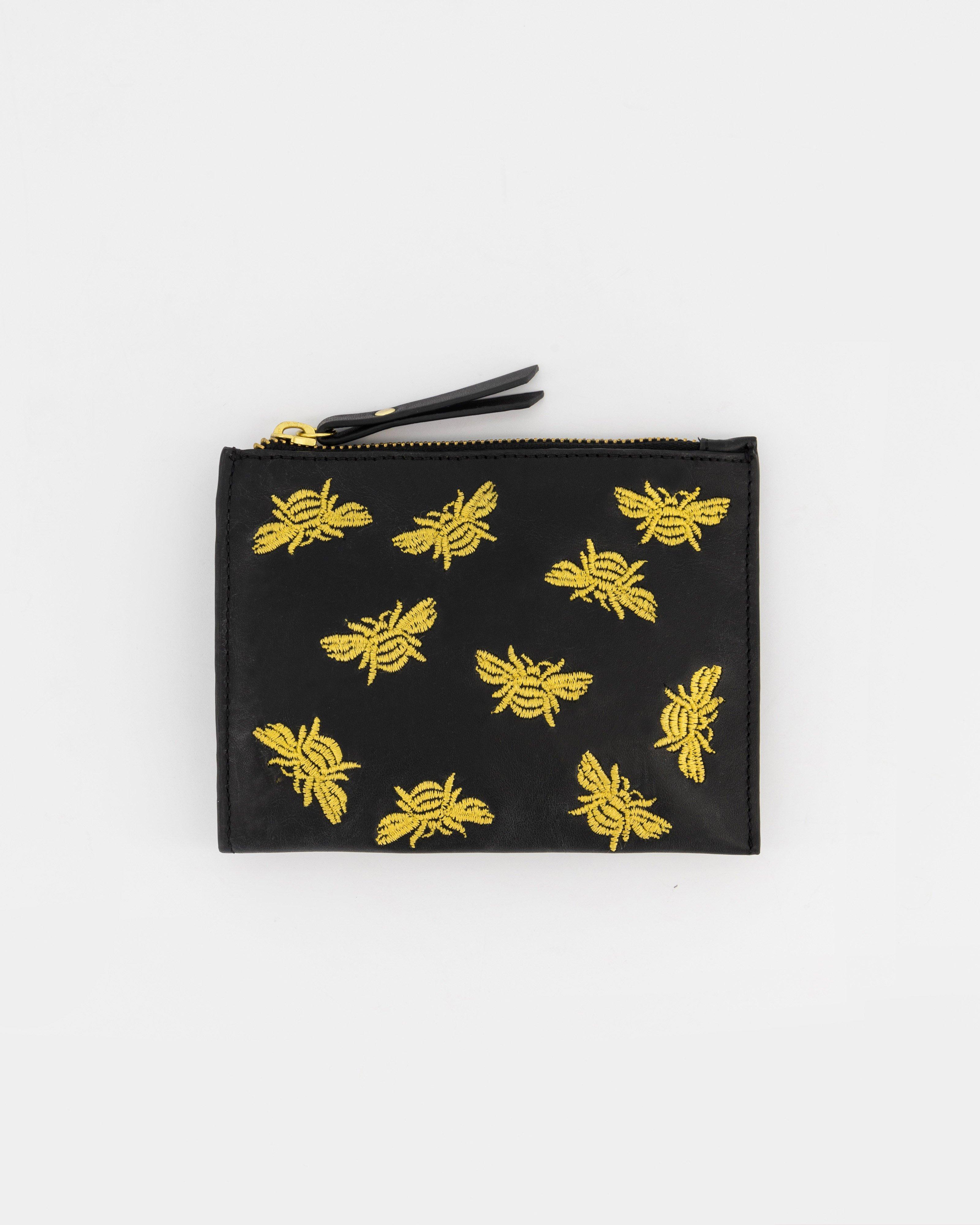 Marrian Embroidered Leather Pouch -  Black
