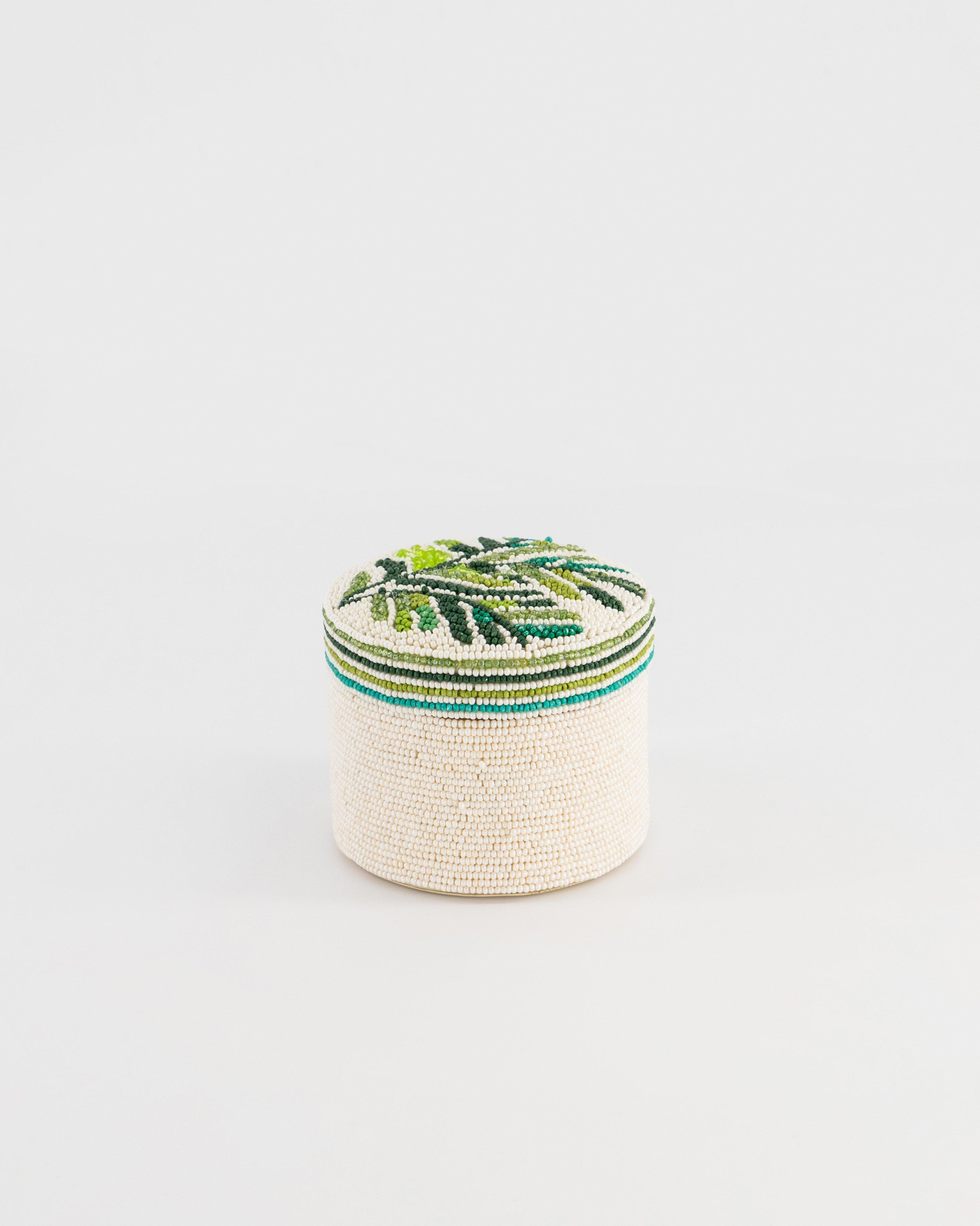 Melia Beaded Round Jewellery Box -  Green
