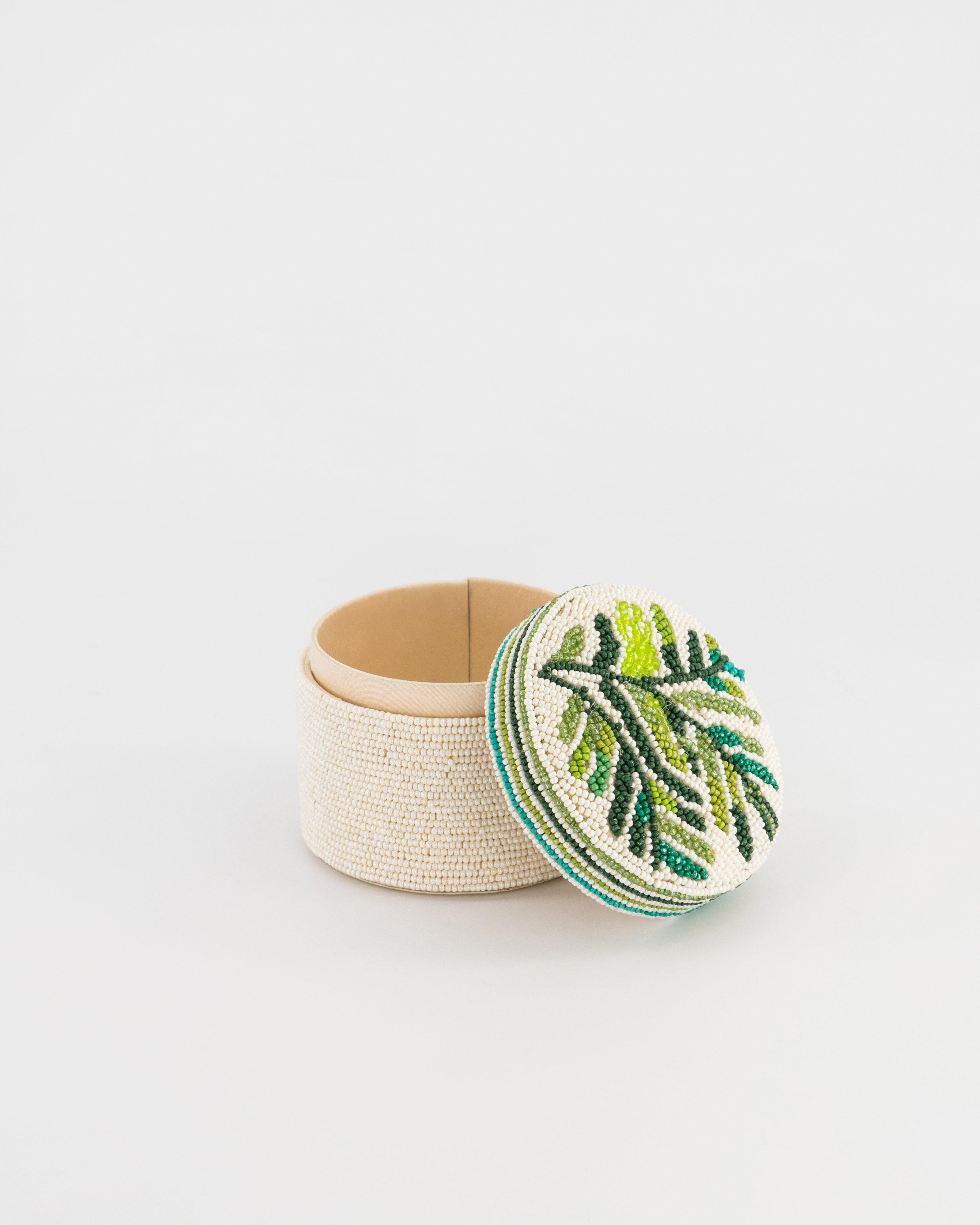 Melia Beaded Round Jewellery Box -  Green