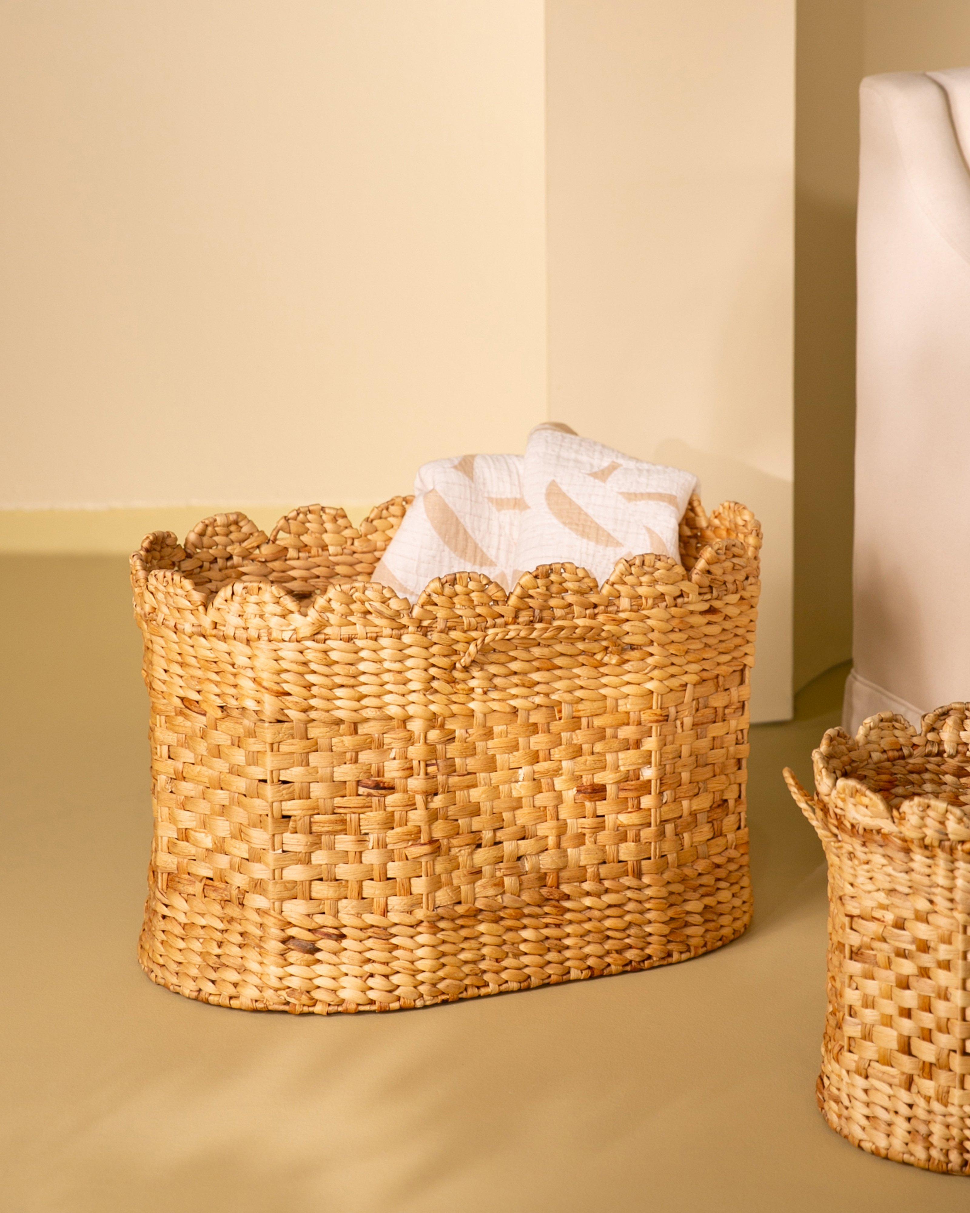 Woven Scalloped Laundry Basket -  Brown