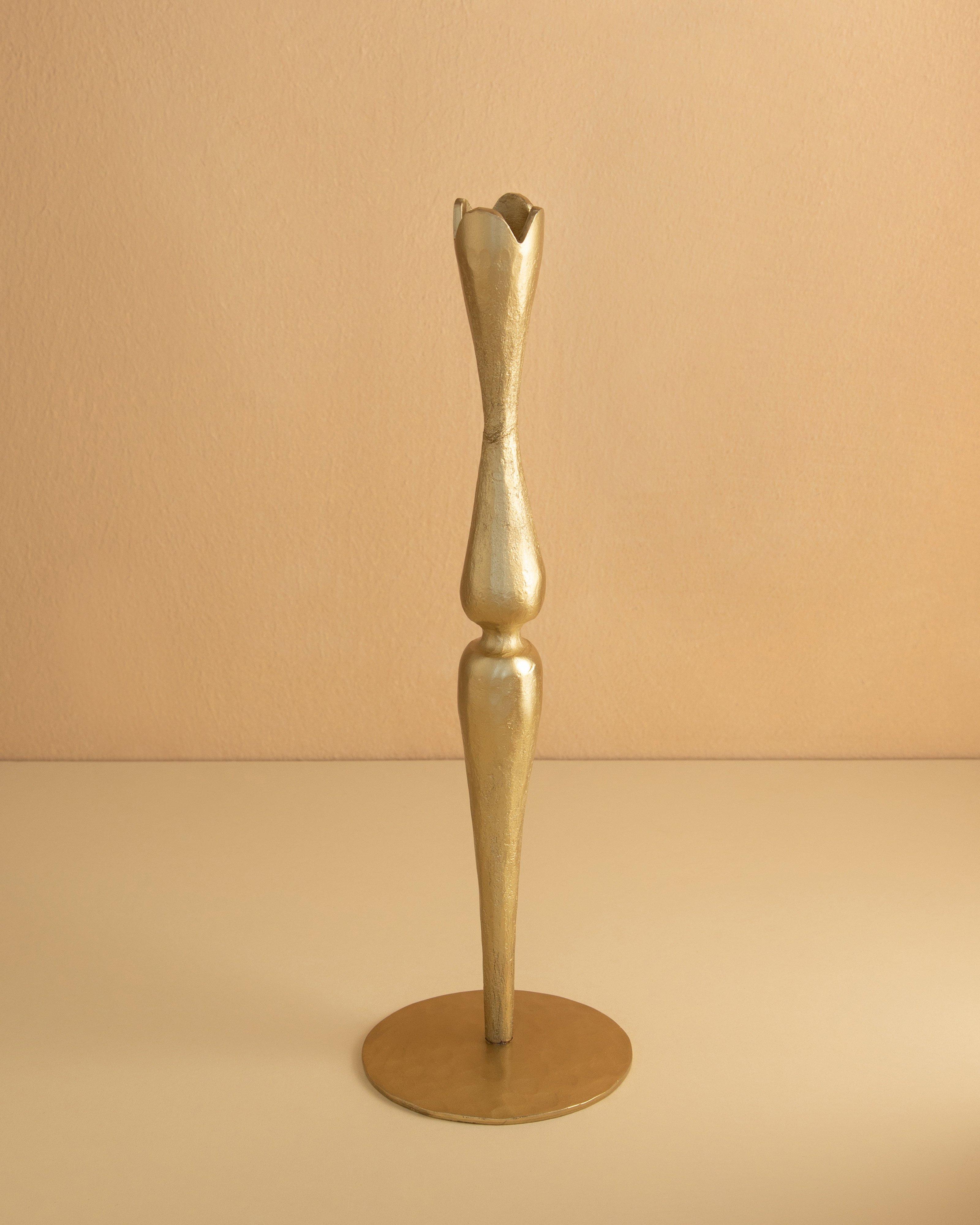 Shaped Metal Tall Single Candle Stand -  Gold