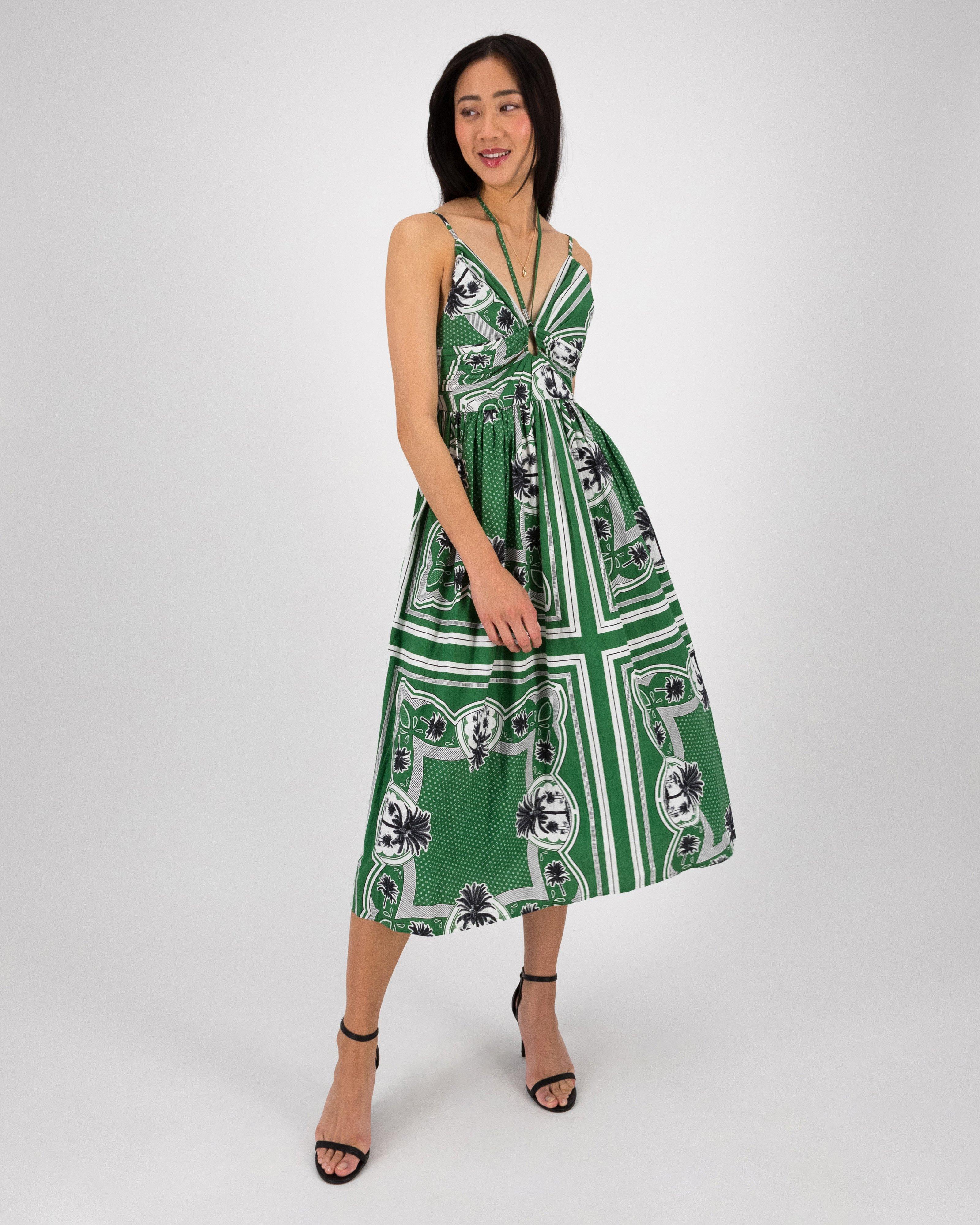 Lucia Printed Strappy Resort Dress -  Green