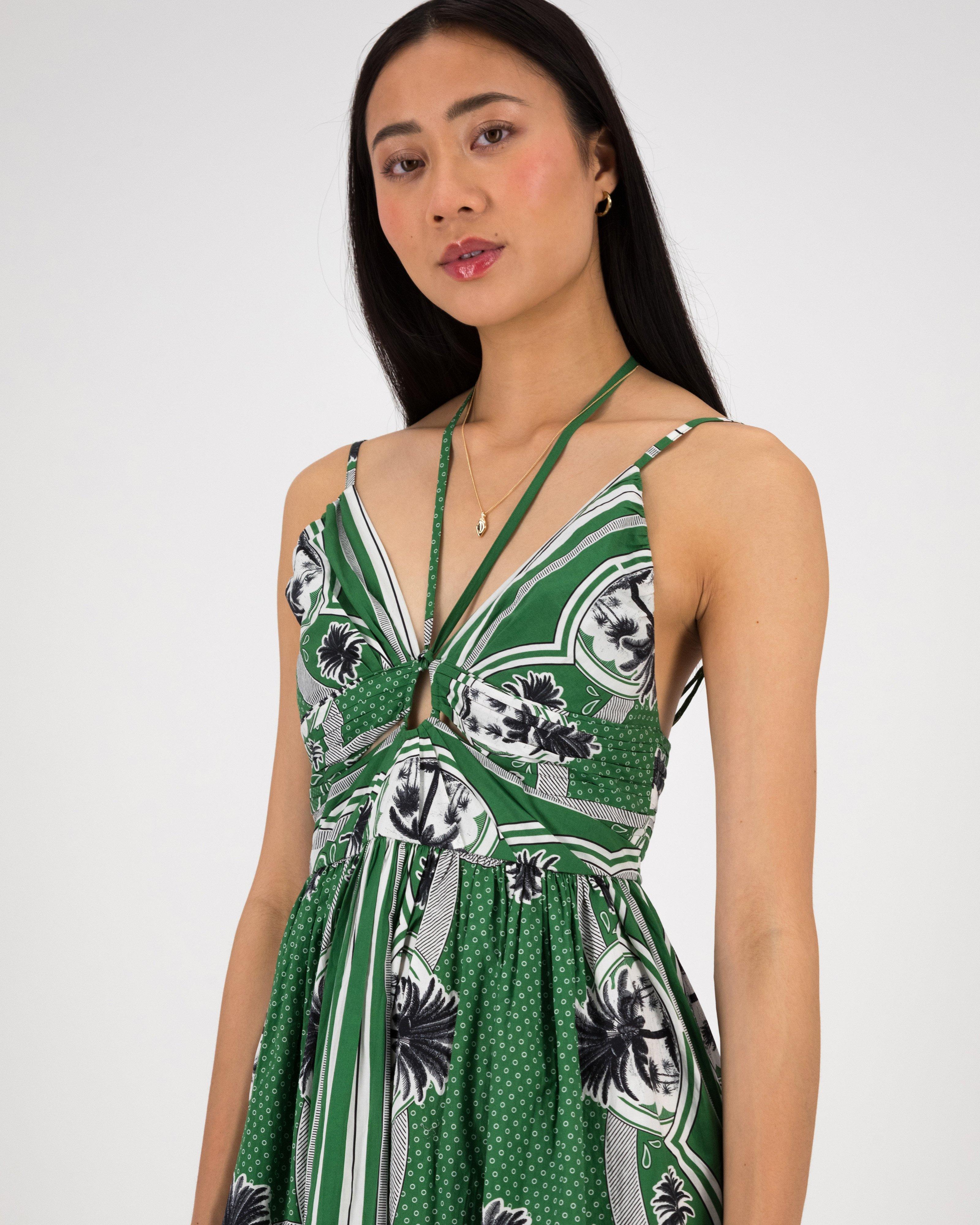 Lucia Printed Strappy Resort Dress -  Green