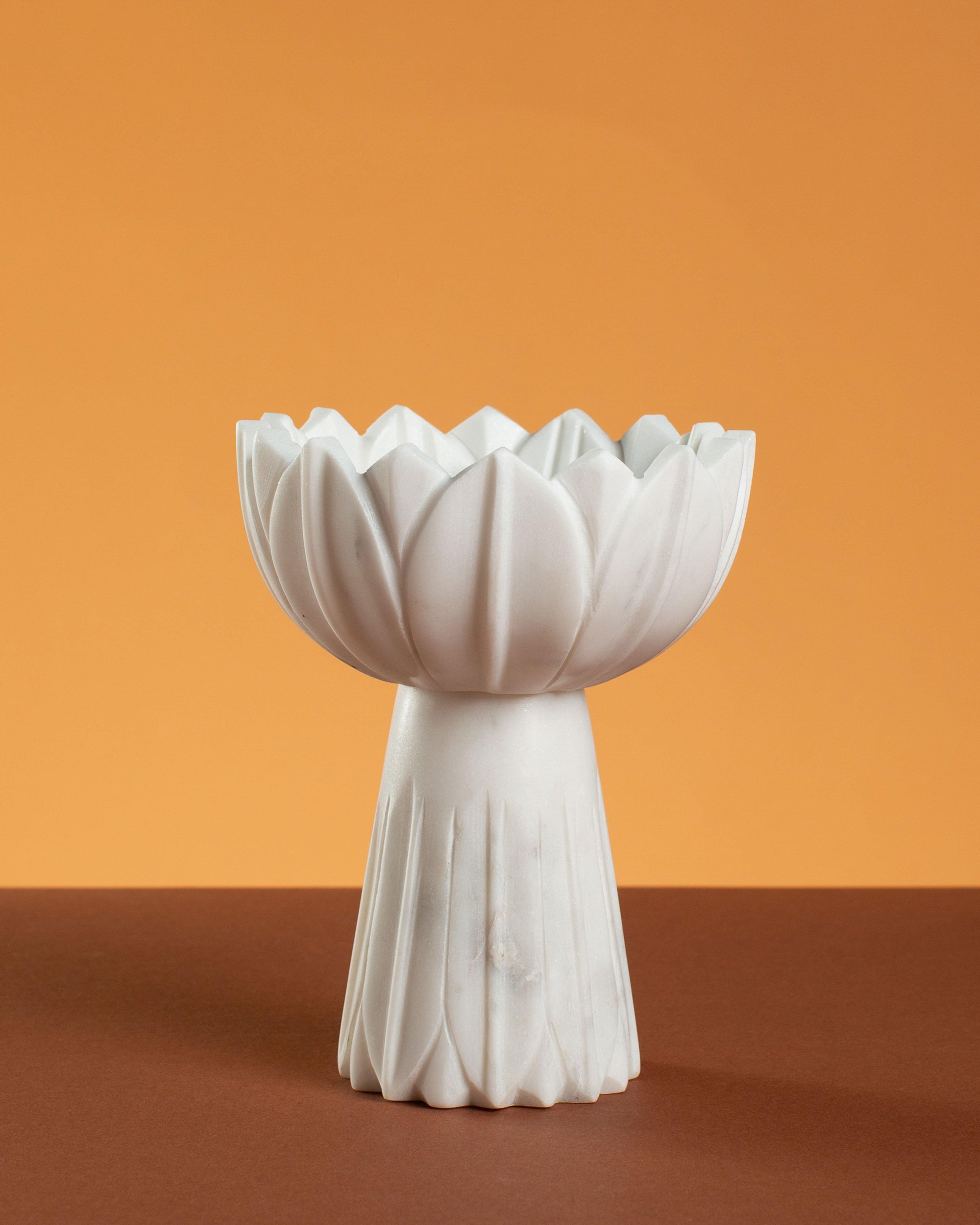 Carved Marble Floral Candle Holder -  White