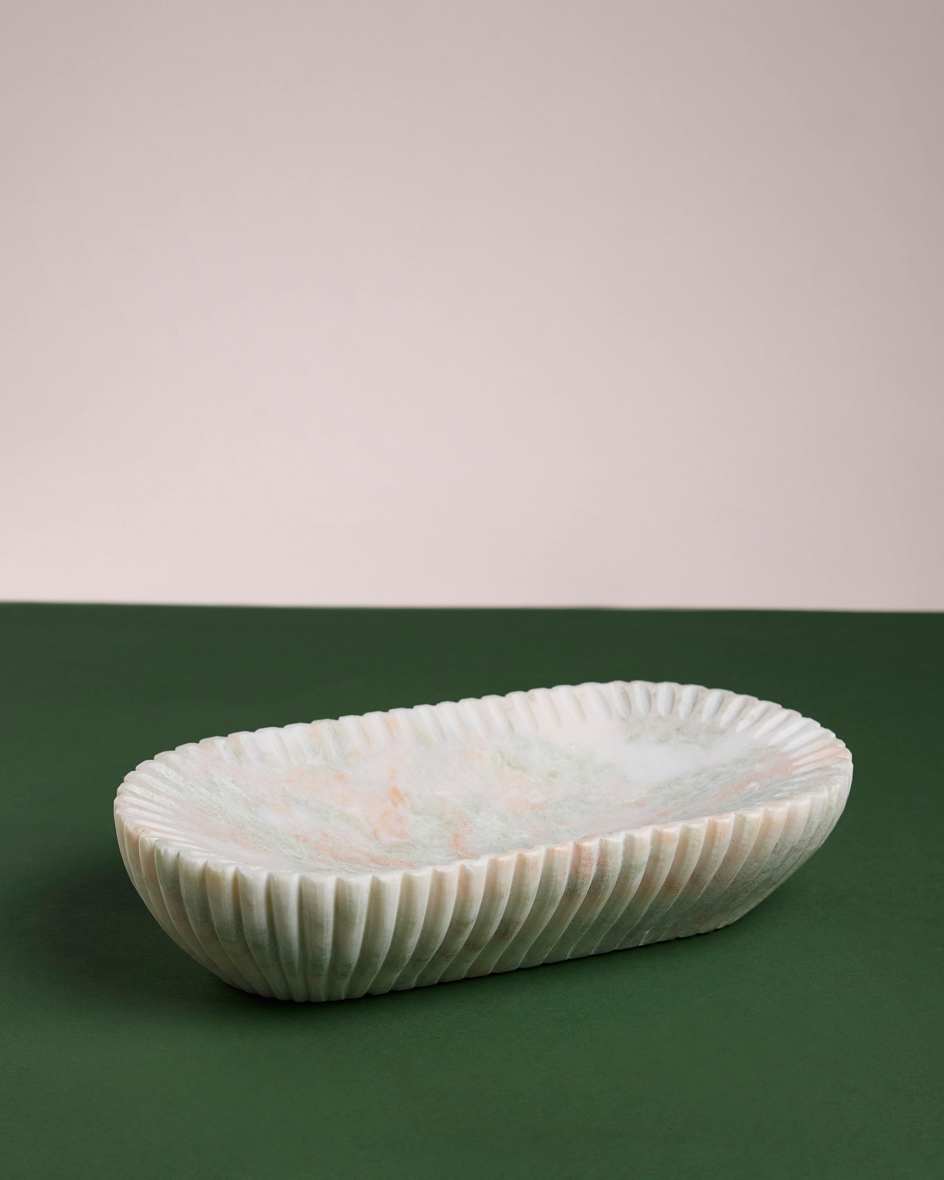 Riley Ribbed Marble Large Oval Bowl -  Green