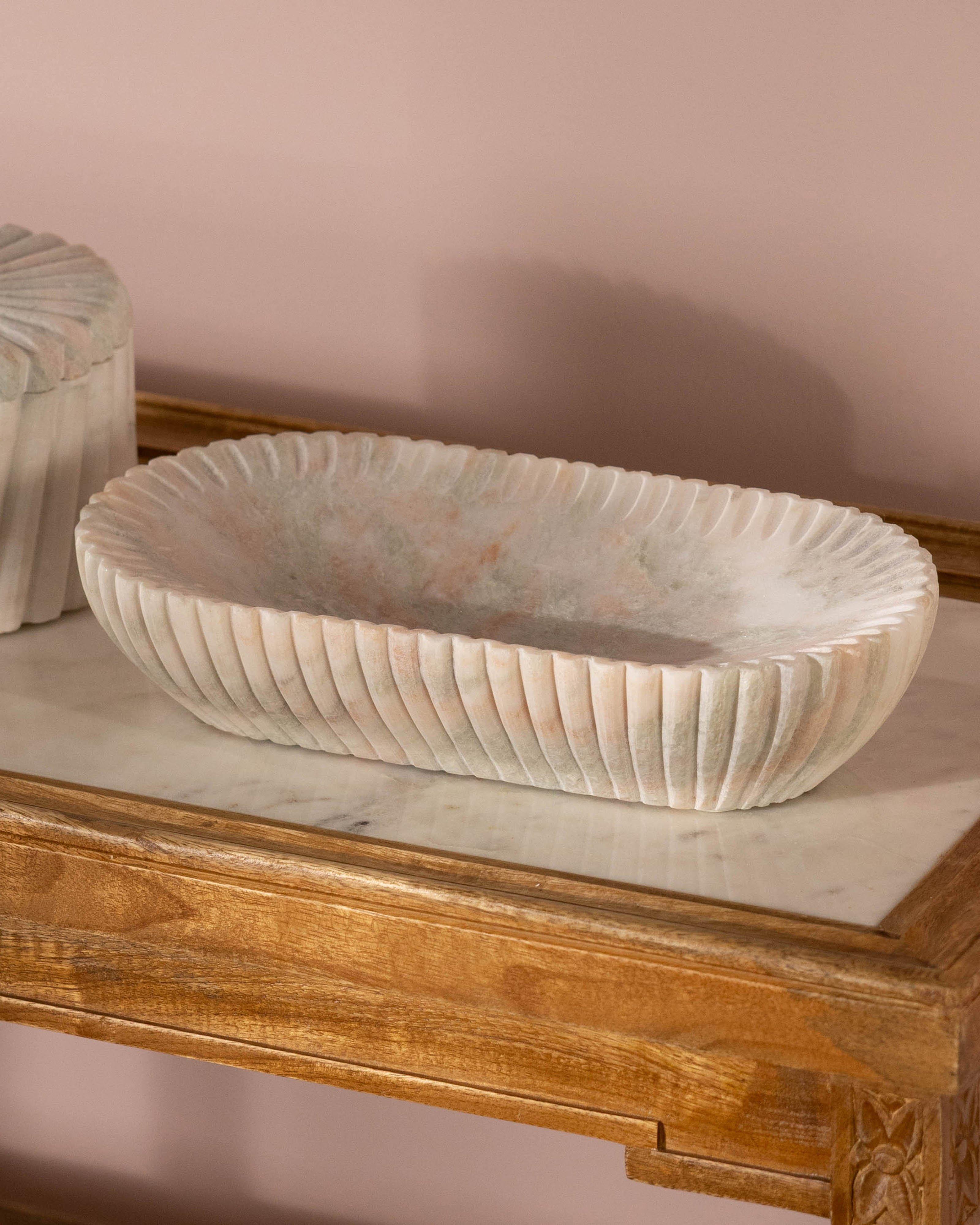 Riley Ribbed Marble Large Oval Bowl -  Green