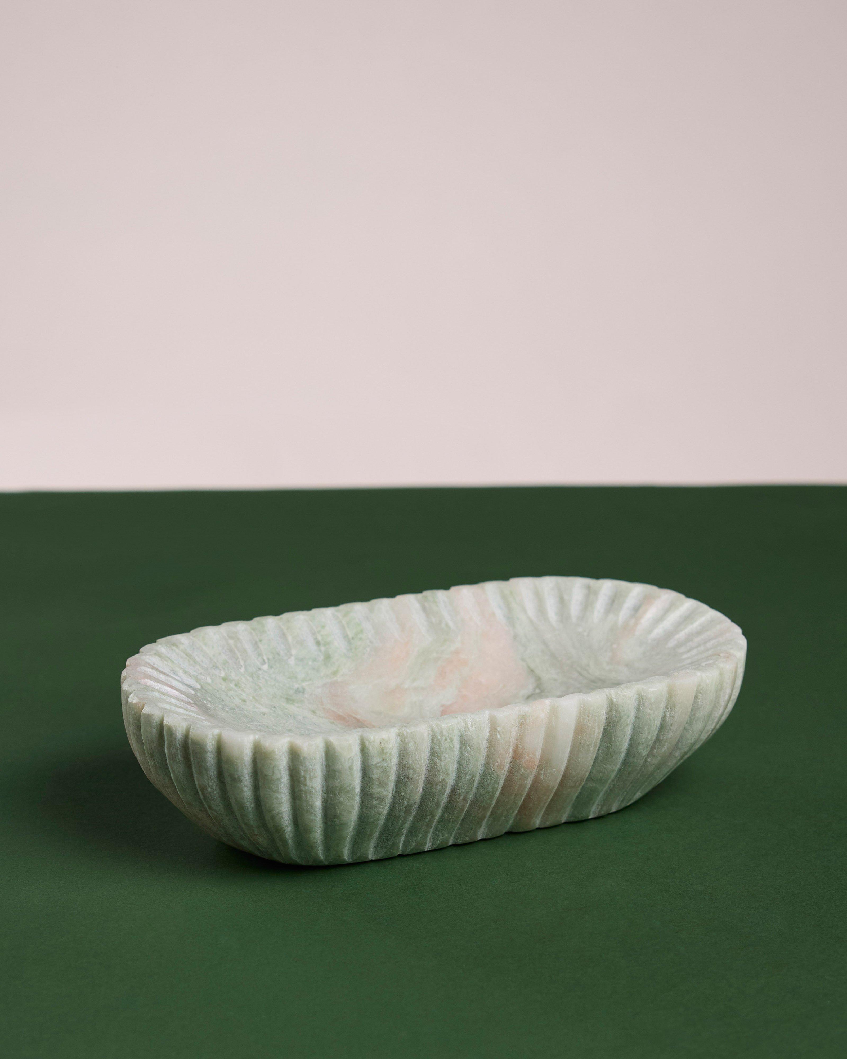 Riley Ribbed Marble Medium Oval Bowl -  Green