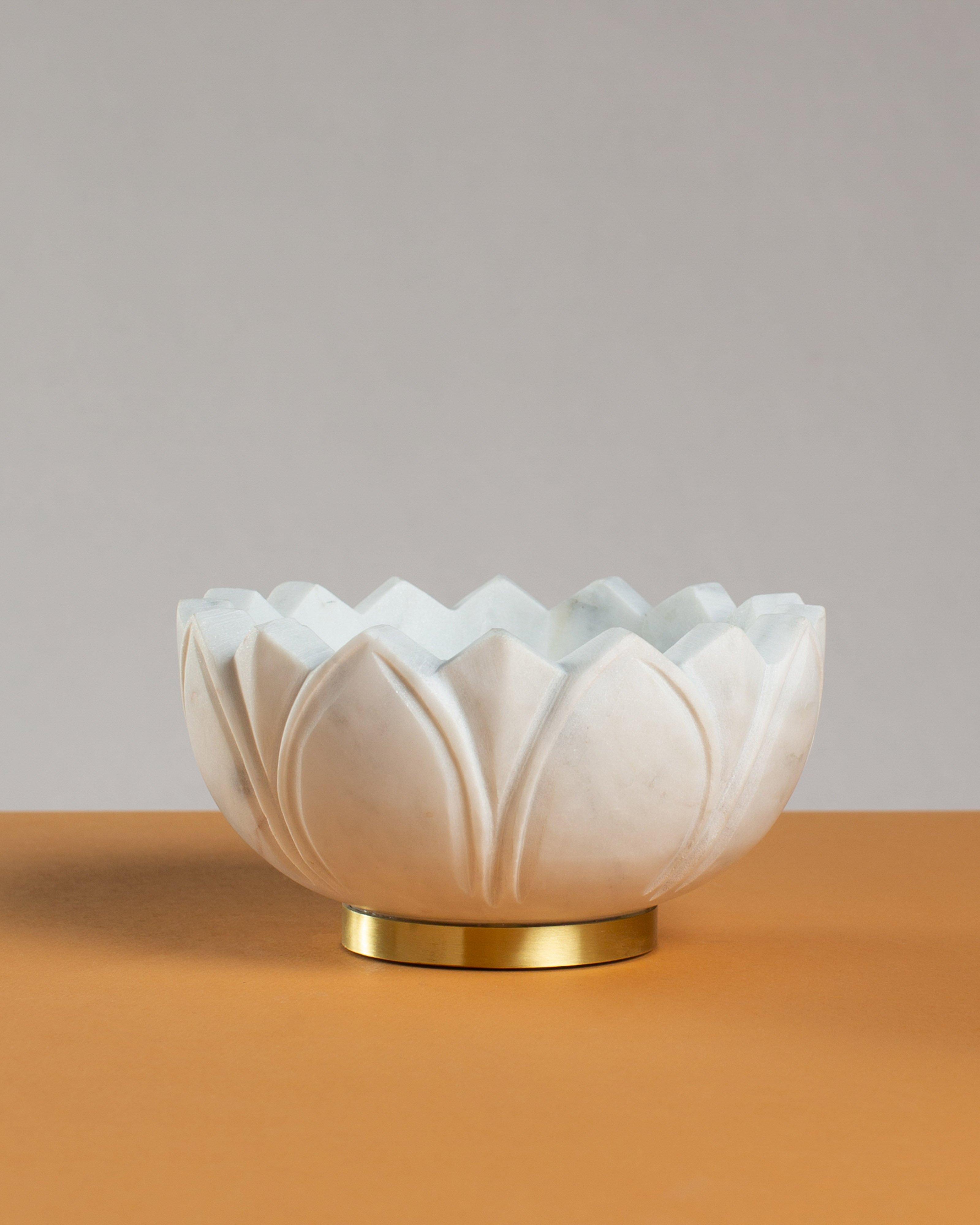Carved Marble Floral Bowl -  White