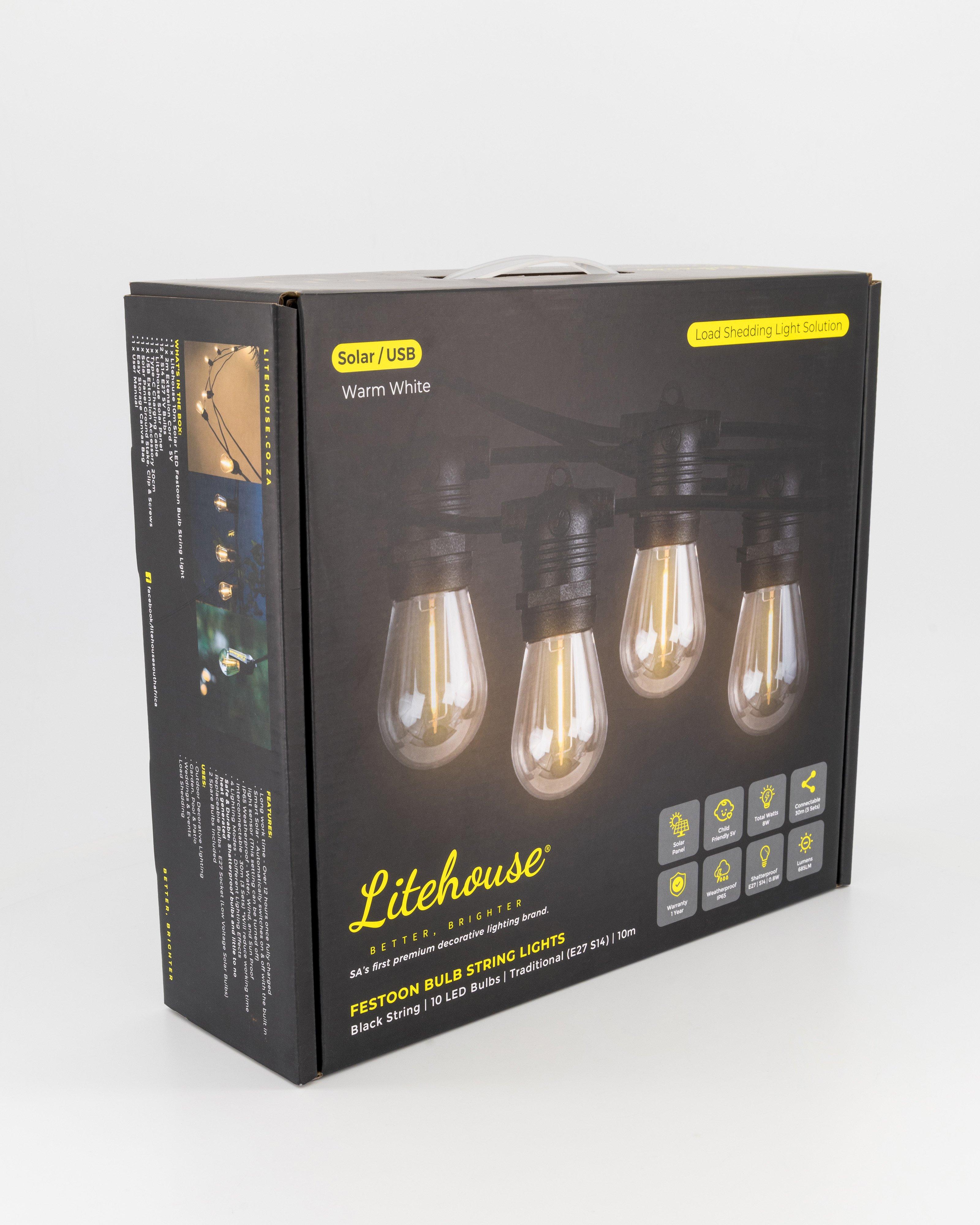 Litehouse Solar Festoon Outdoor Bulb String Lights – 10m -  Black