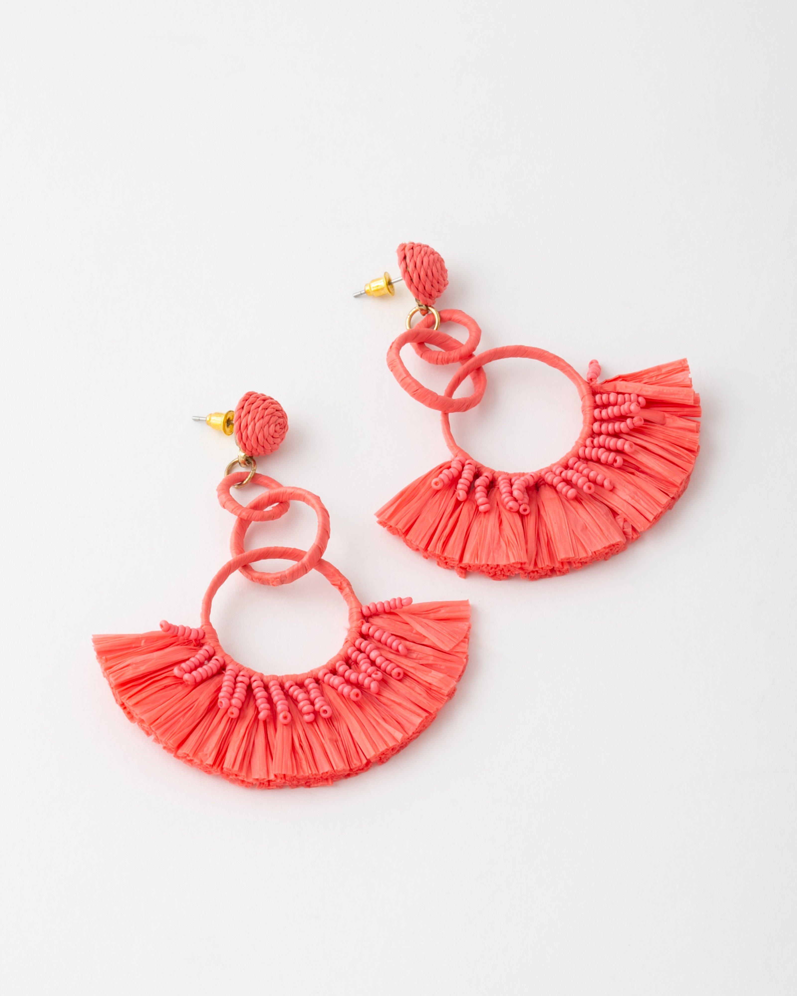 Raffia Halfmoon & Circular Drop Earrings -  Pink
