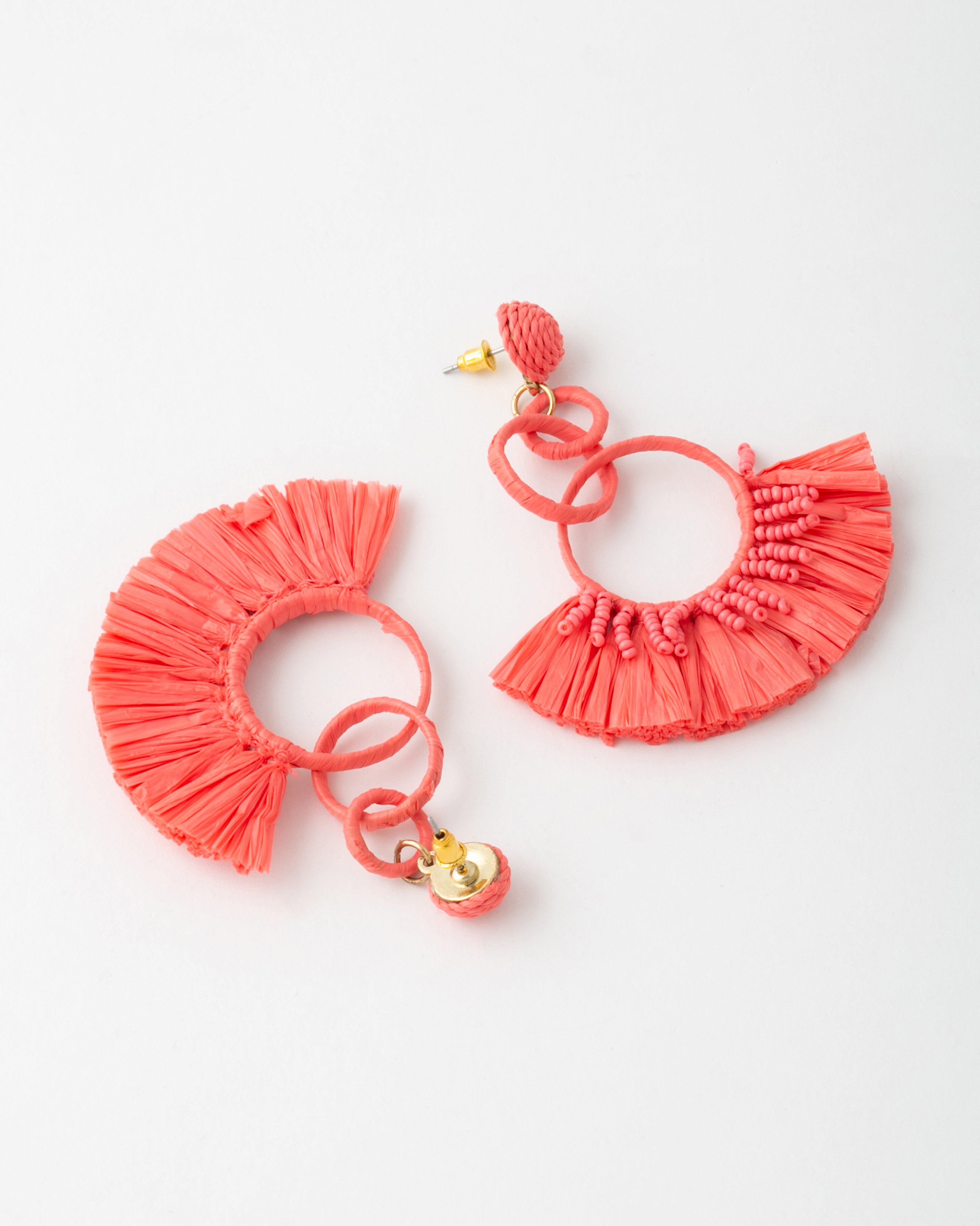 Raffia Halfmoon & Circular Drop Earrings -  Pink