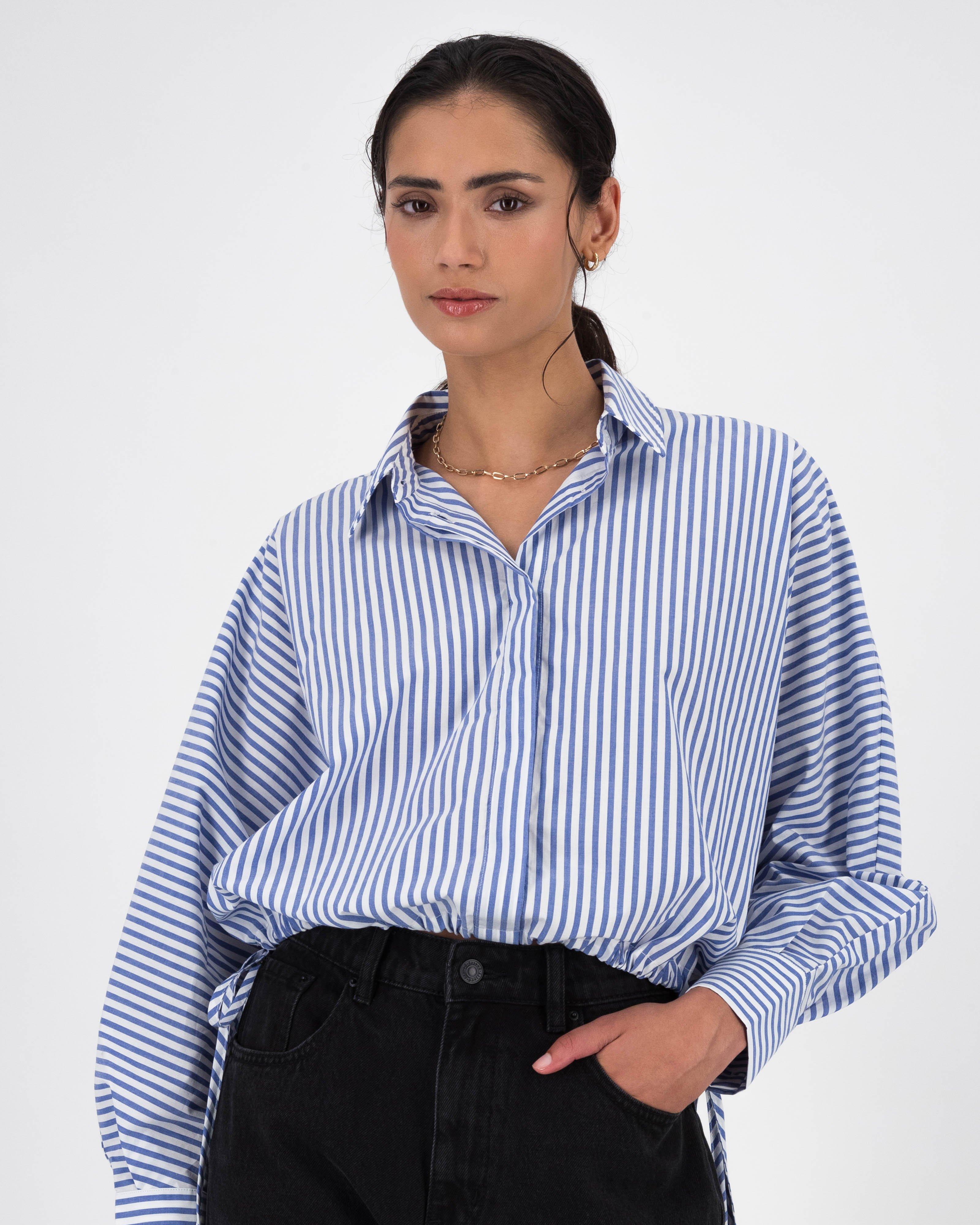 Aimee Cropped Drawstring Button Up Shirt -  Blue