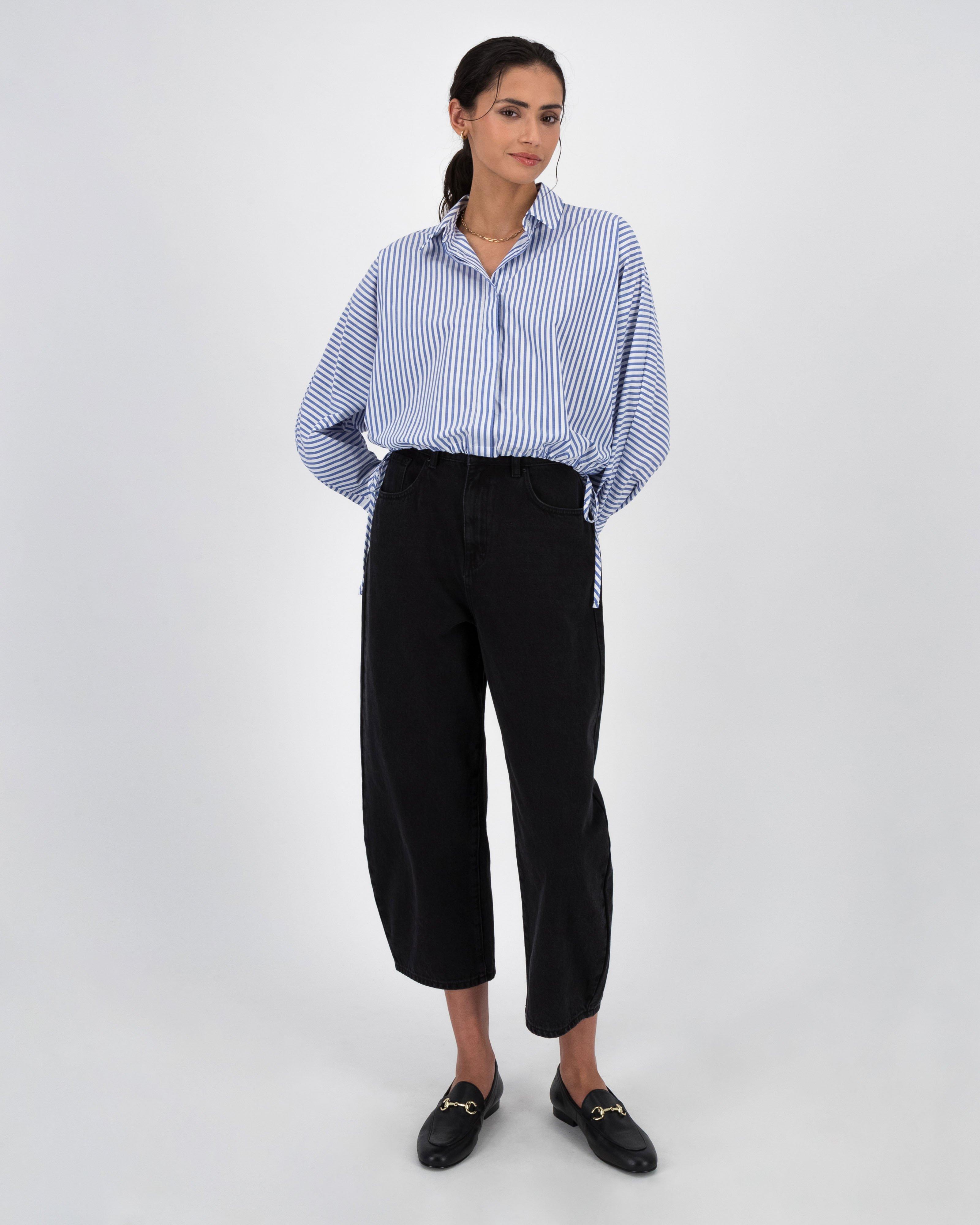 Aimee Cropped Drawstring Button Up Shirt -  Blue