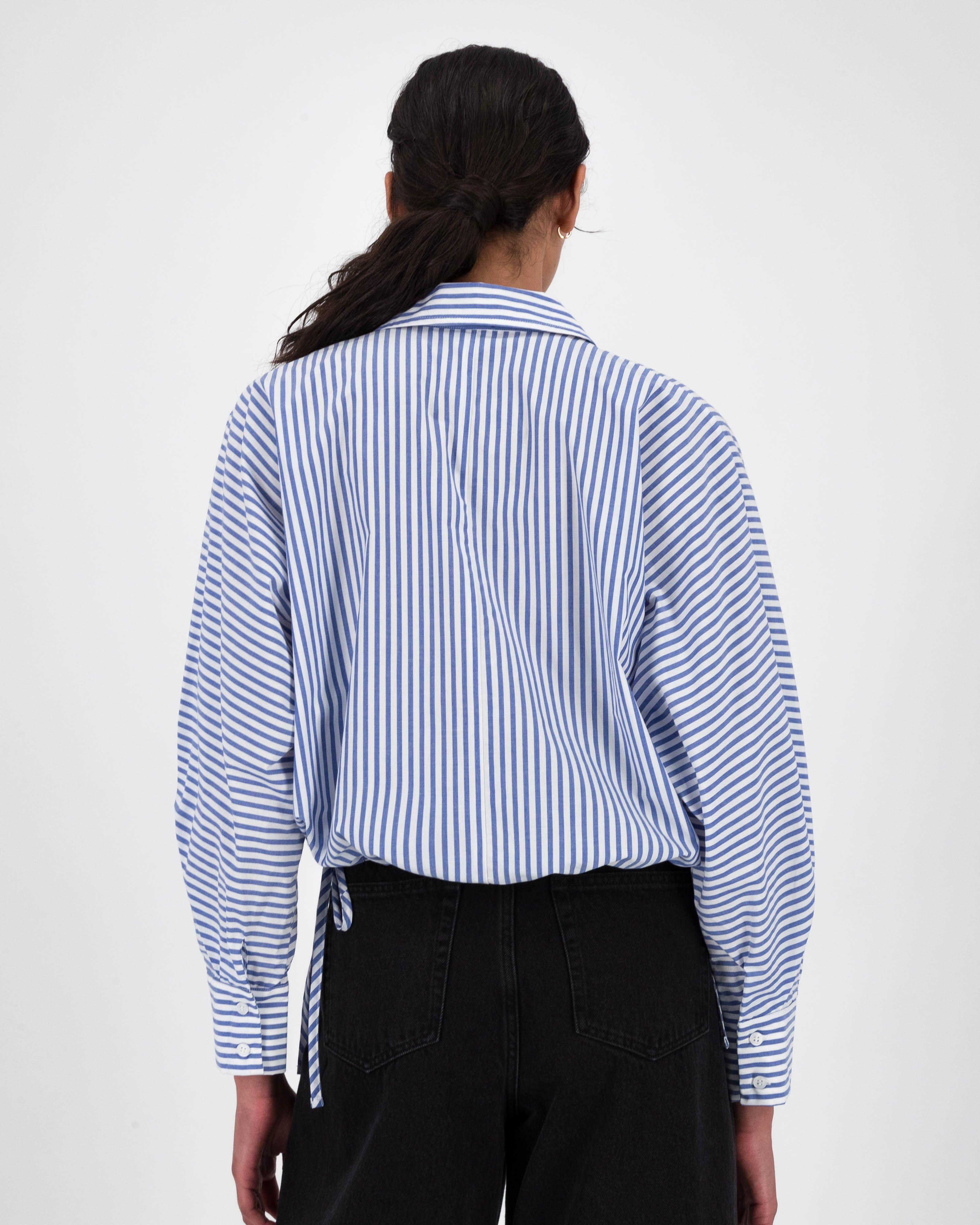 Aimee Cropped Drawstring Button Up Shirt -  Blue