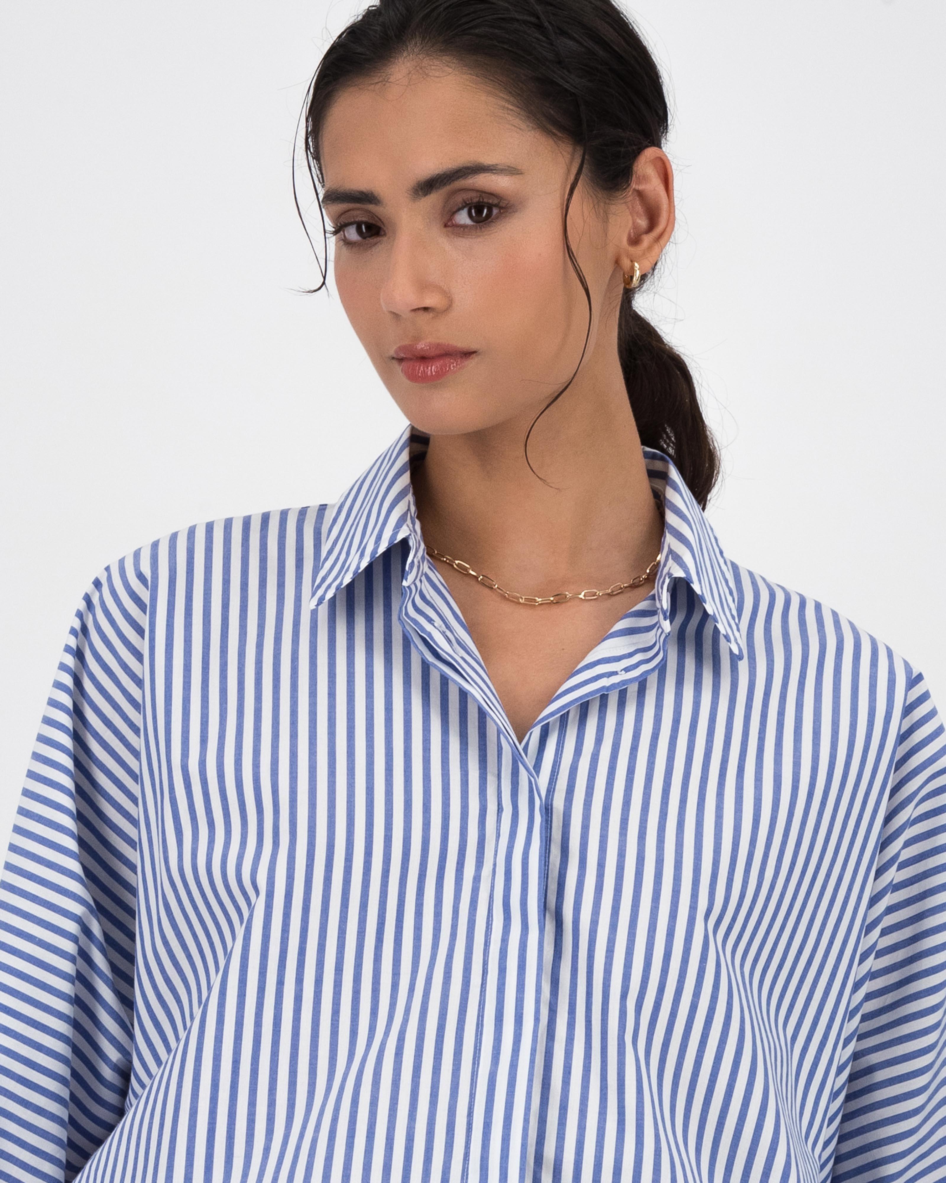 Aimee Cropped Drawstring Button Up Shirt -  Blue