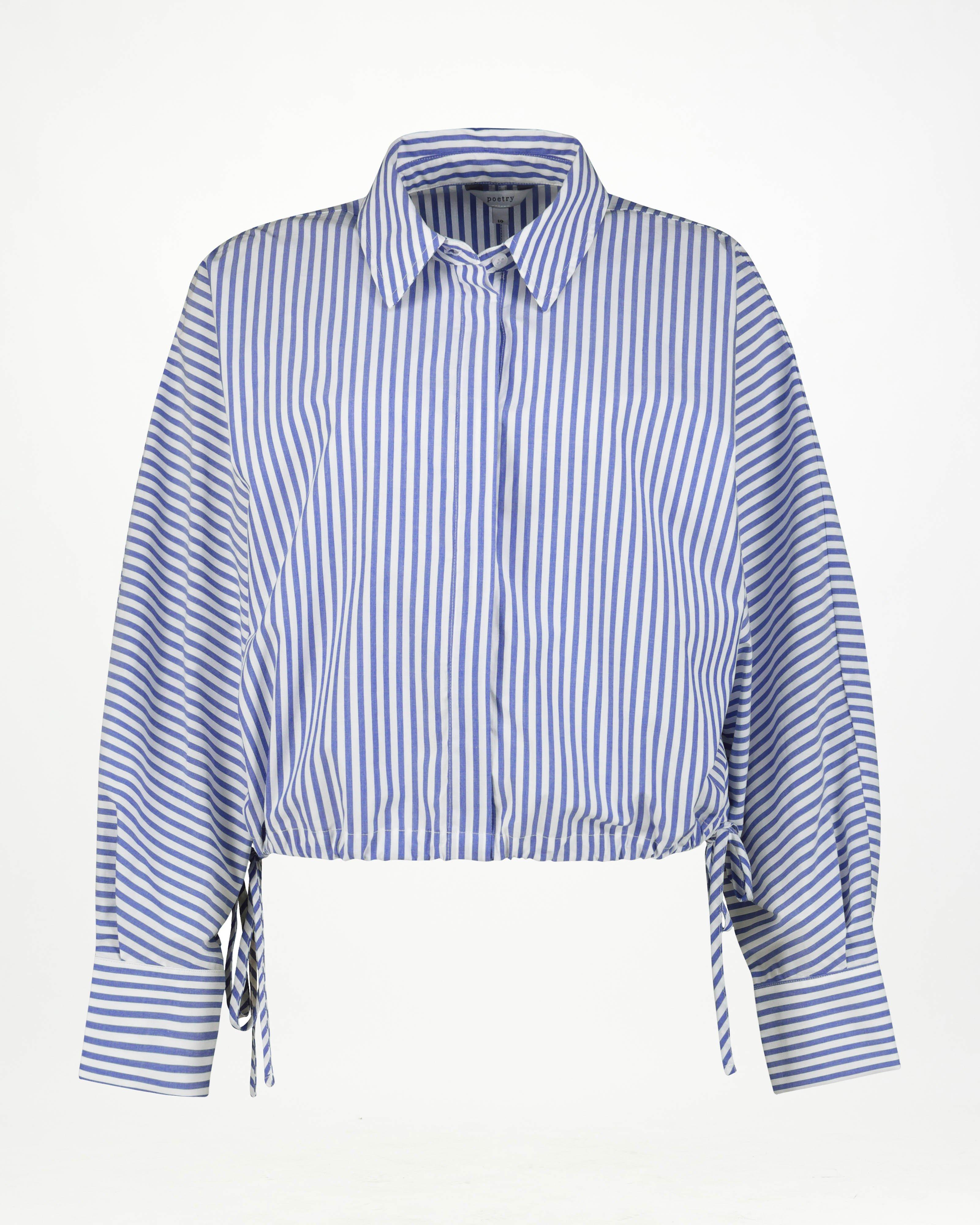 Aimee Cropped Drawstring Button Up Shirt -  Blue