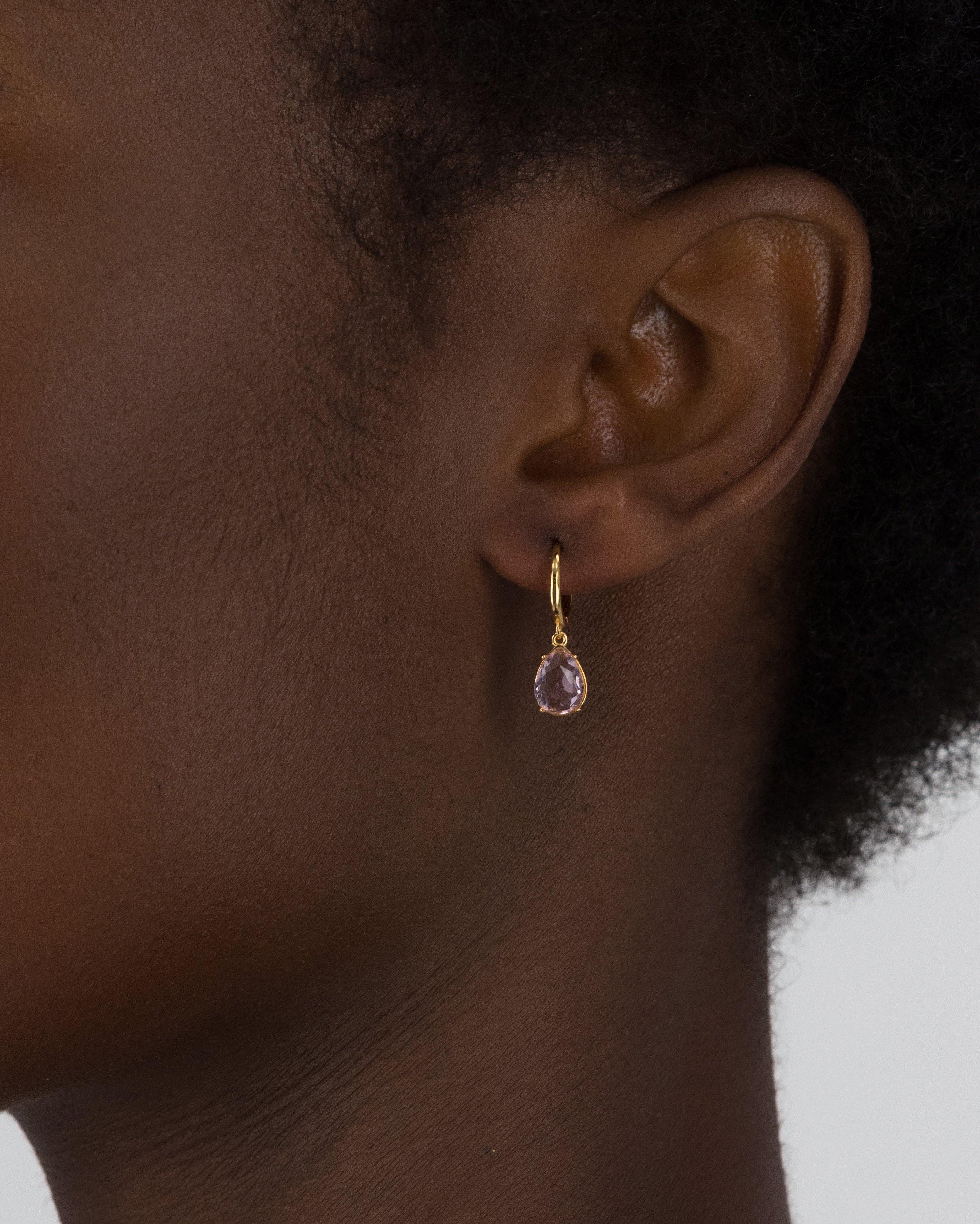 Sterling Silver Huggie Stone Drop Earrings -  Pink