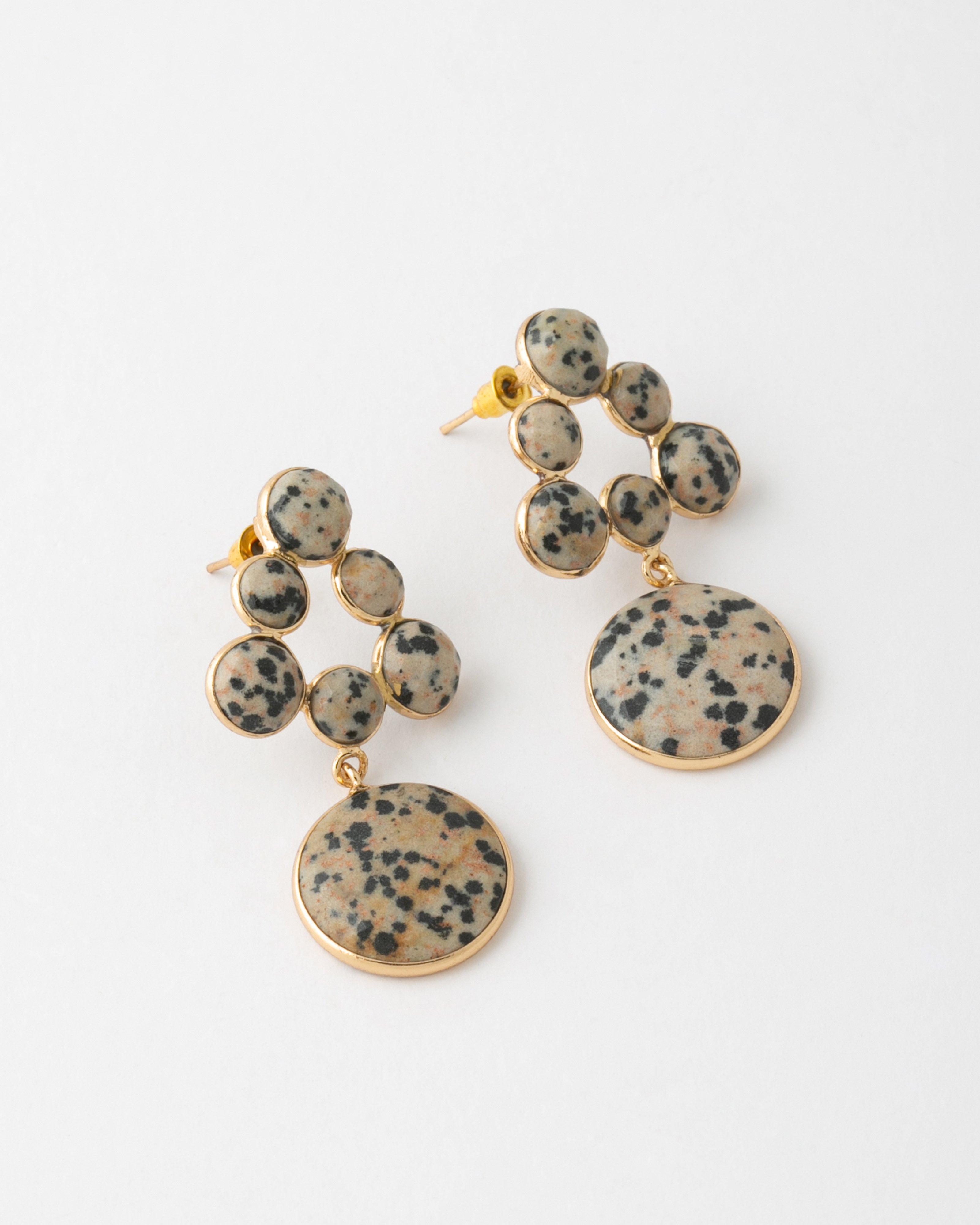 Natural Stone Inset Circle Drop Earrings -  Brown