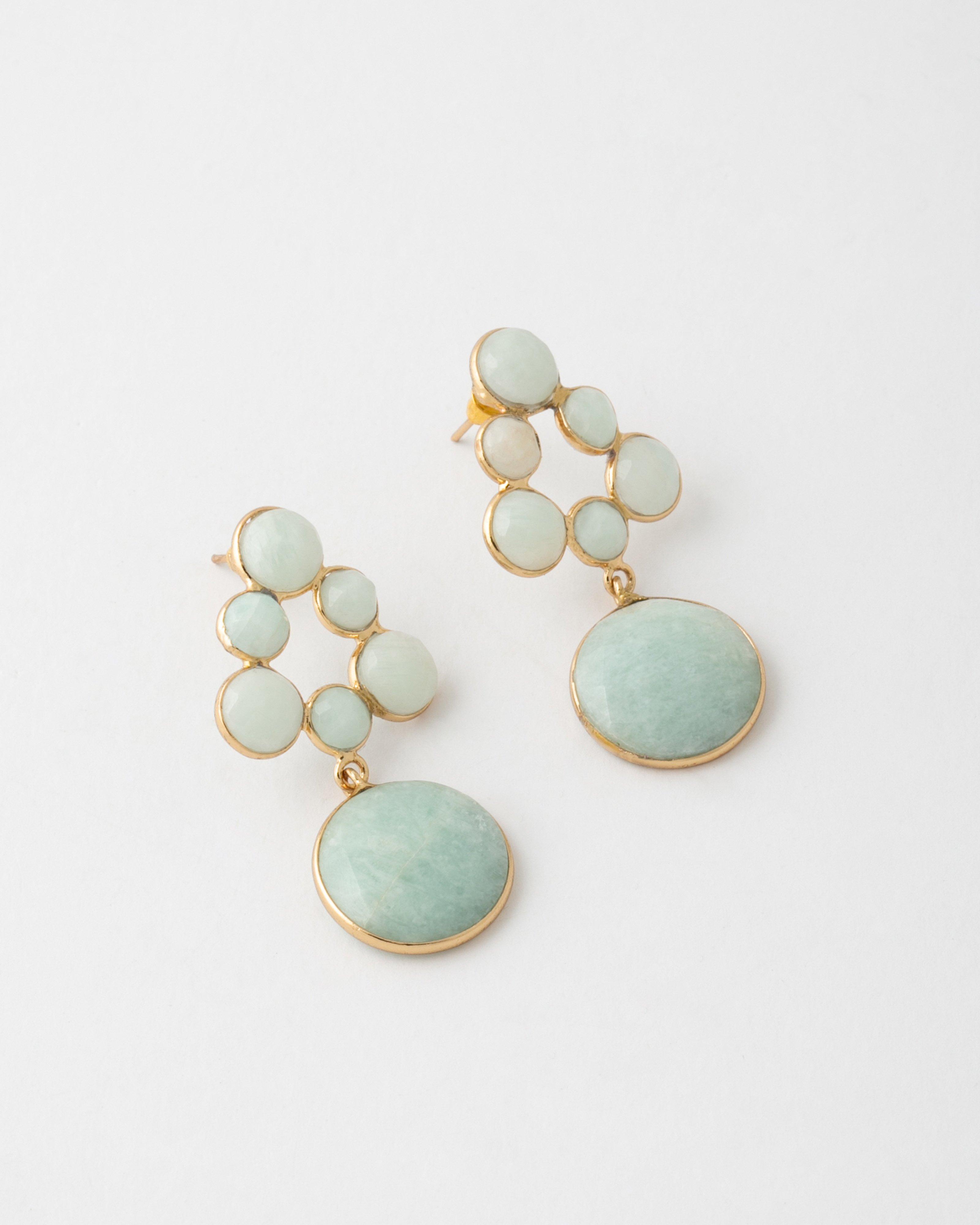 Natural Stone Inset Circle Drop Earrings -  Sage
