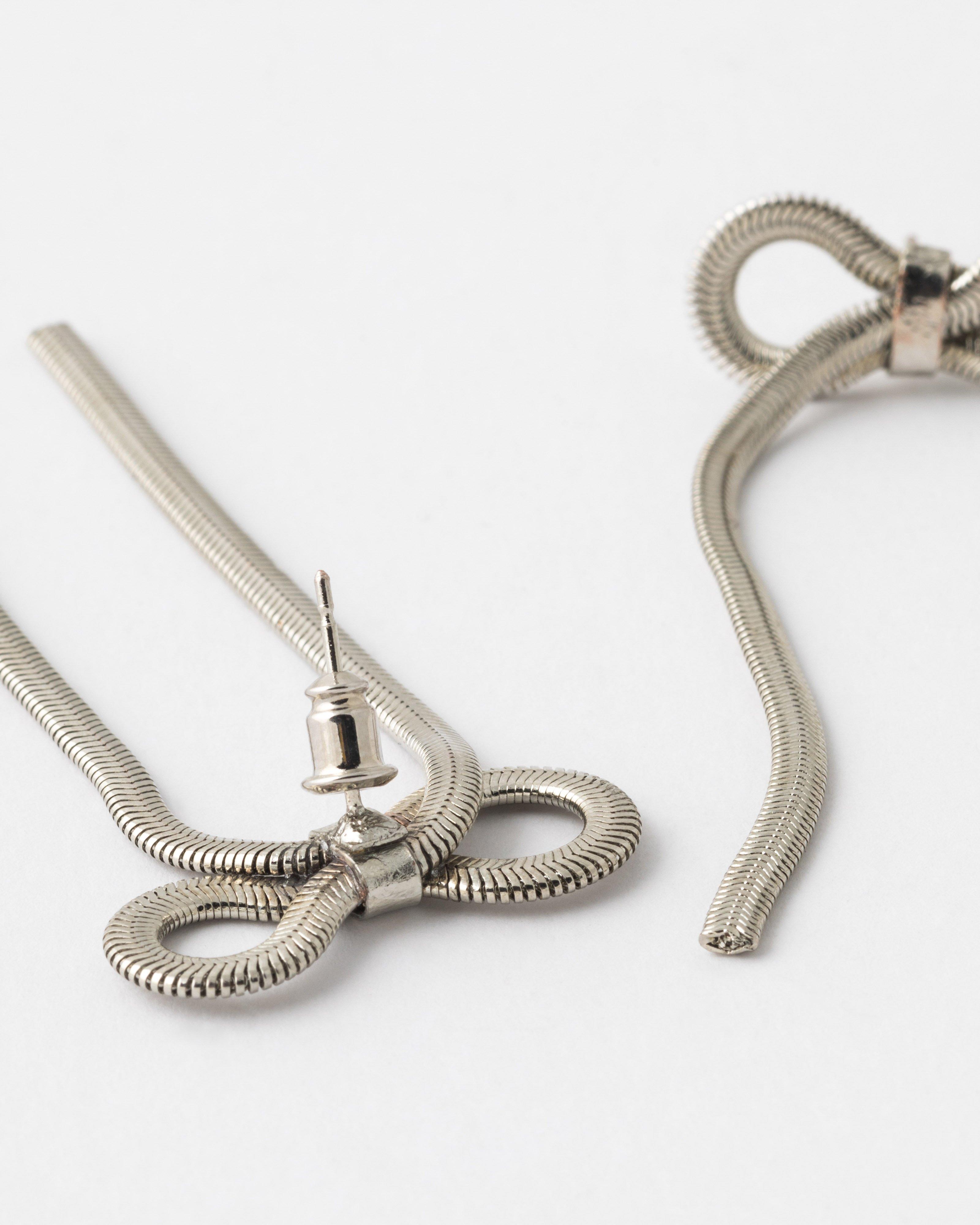 Bow Shape Snake Chain Drop Earrings -  Silver