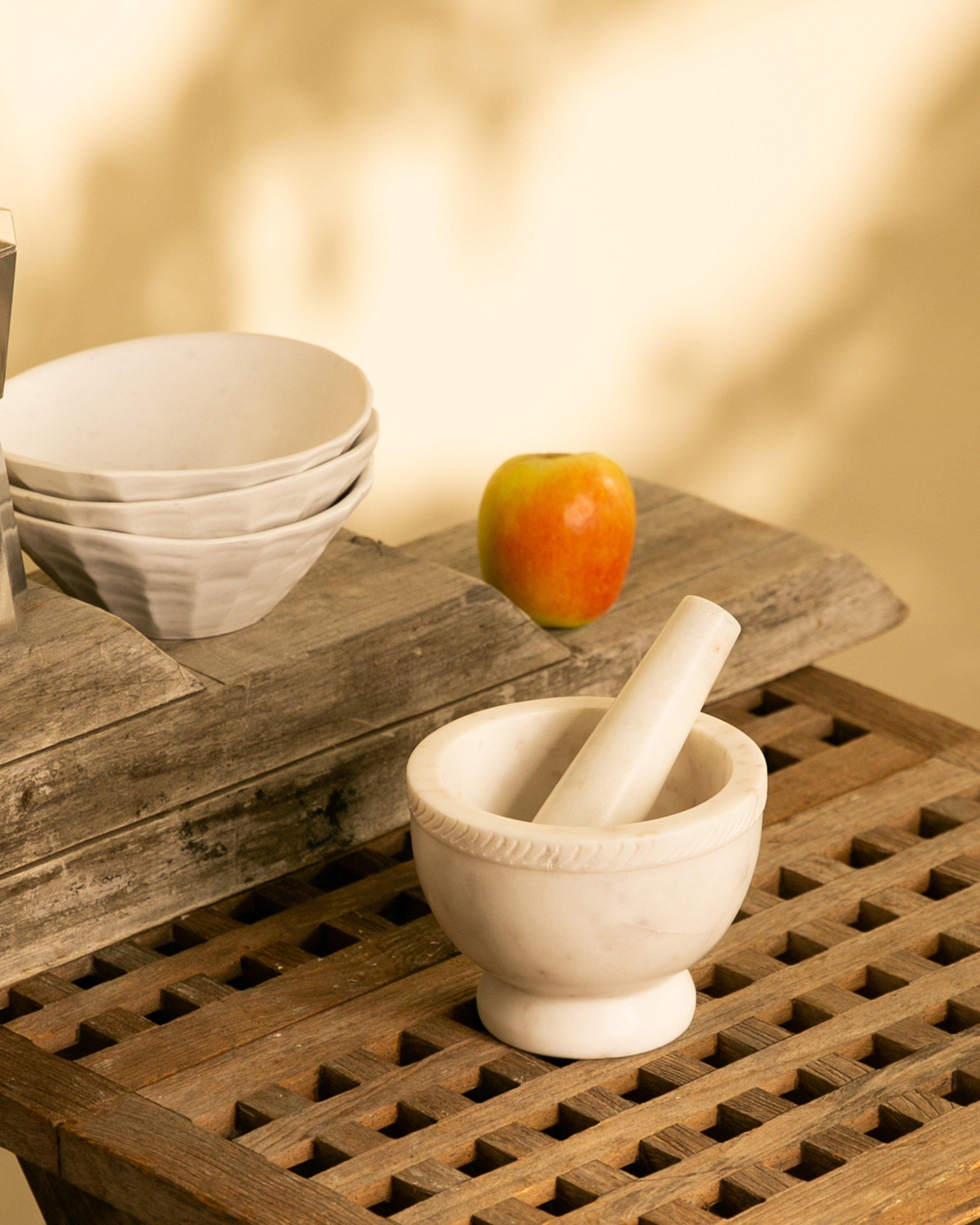 Lily Carved Pestle and Mortar -  White