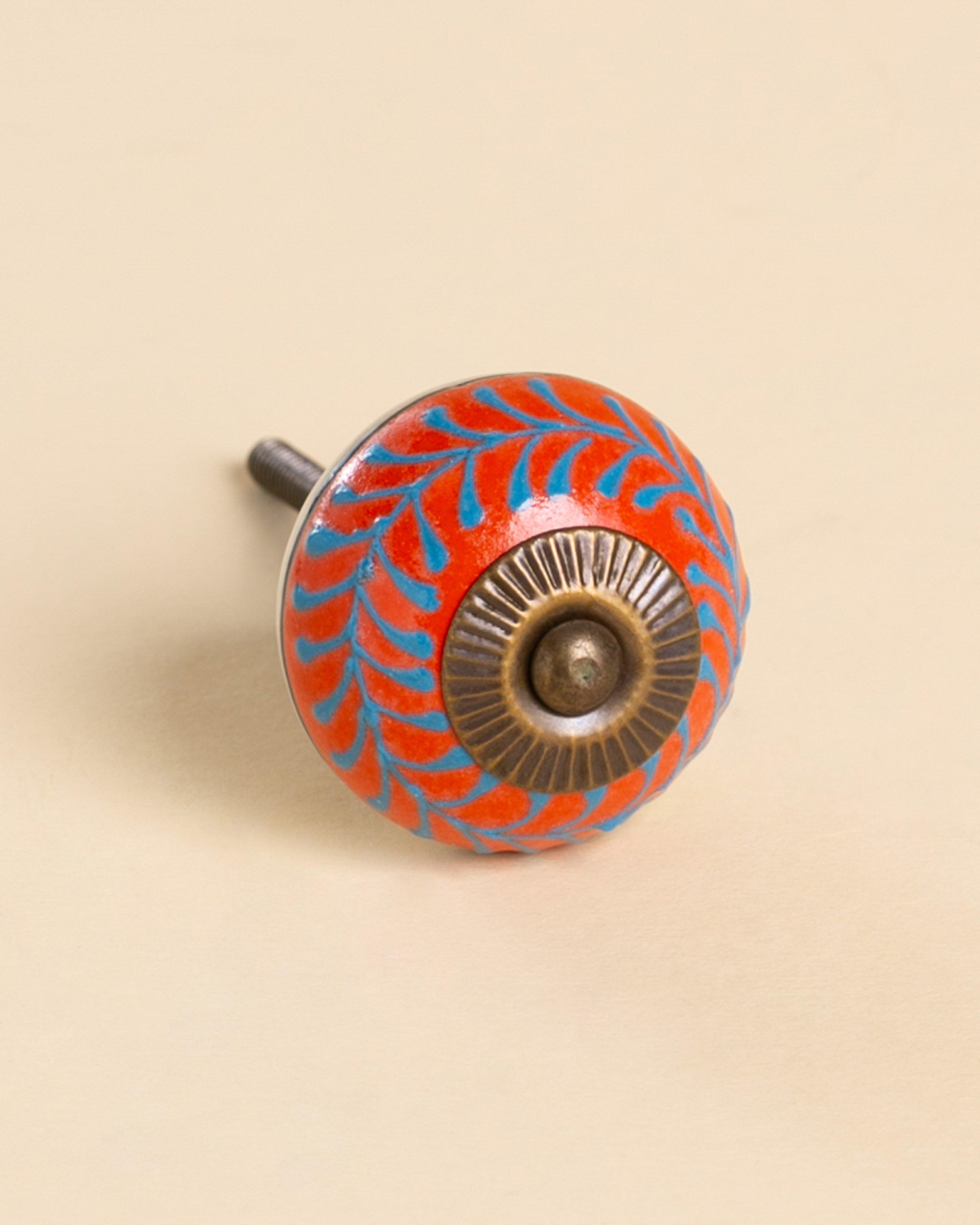 Turquoise Orange Leaf Ceramic Knob -  Orange