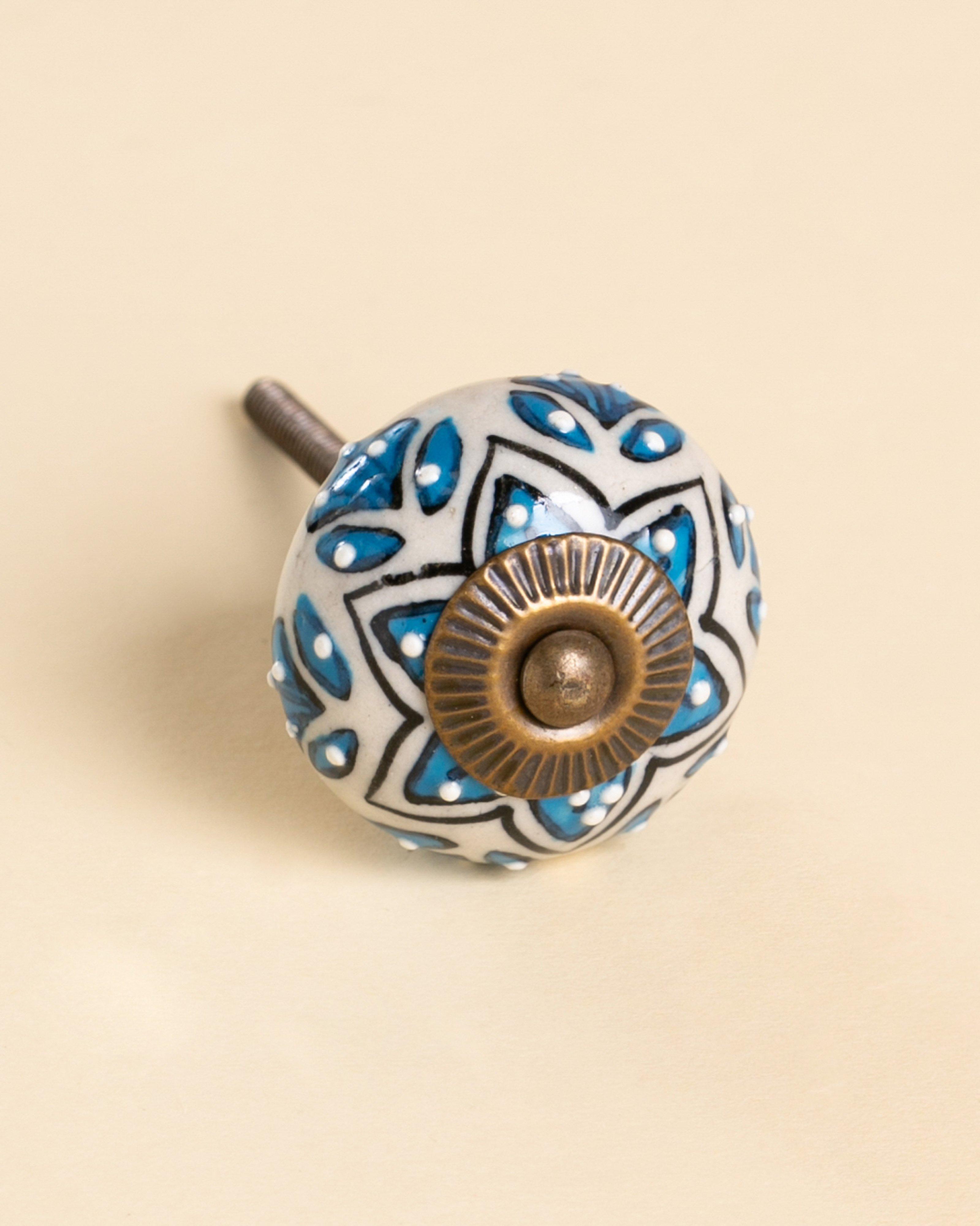 Turquoise Patterned Ceramic Floral Knob -  Blue