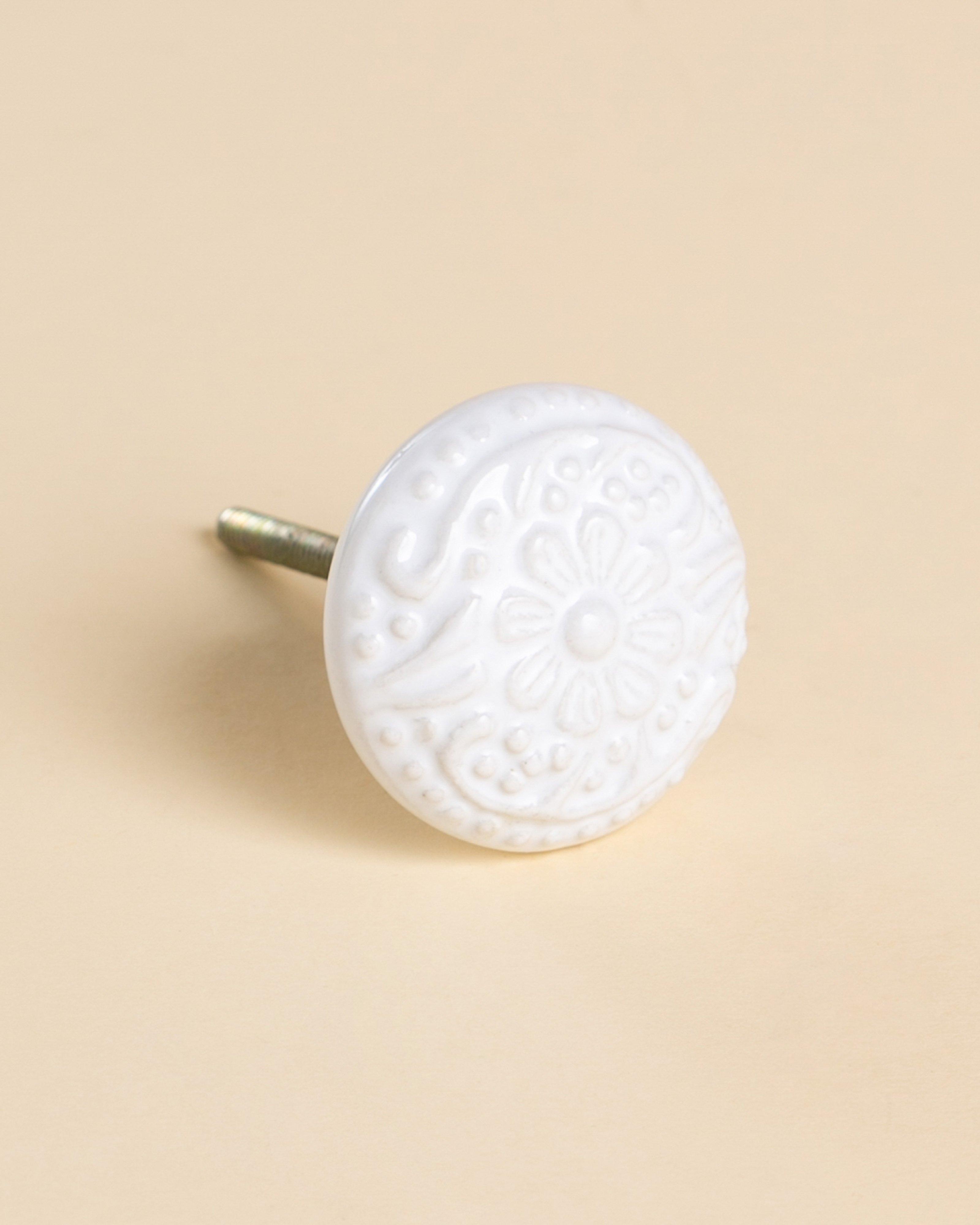 White Daisy Flower Ceramic Knob -  White