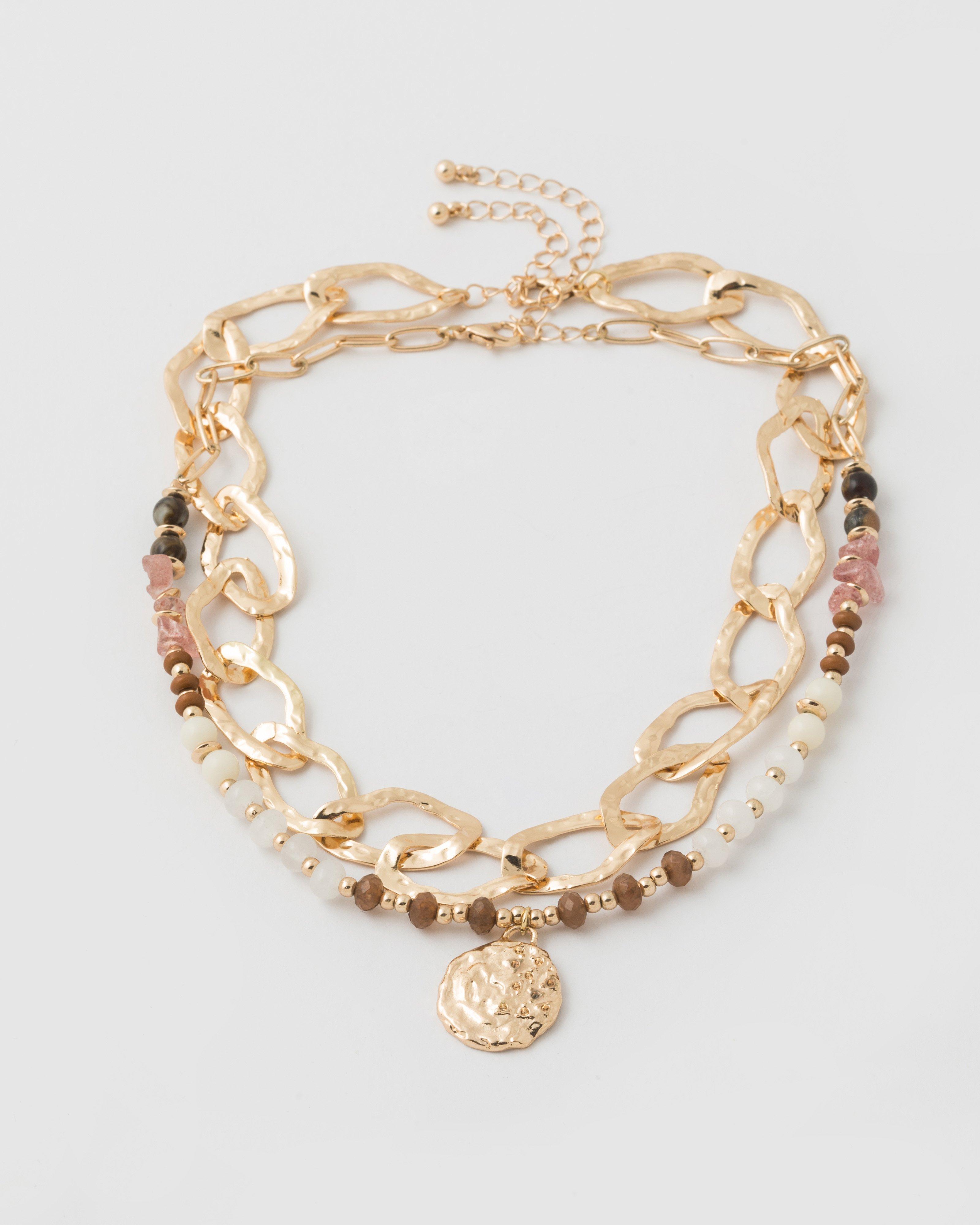 Chunky Link and Beaten Disk Beaded Necklace Set -  Milk