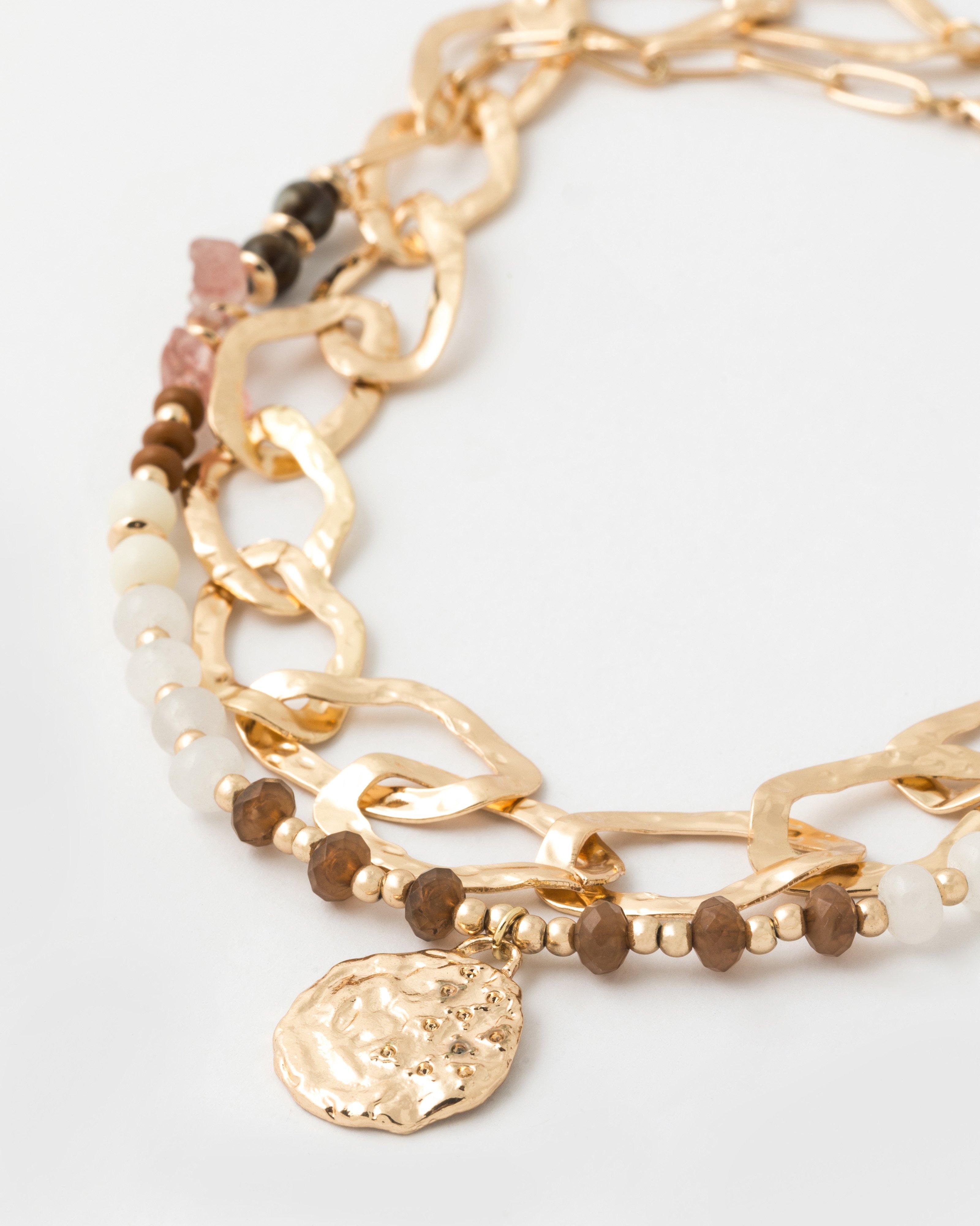 Chunky Link and Beaten Disk Beaded Necklace Set -  Milk