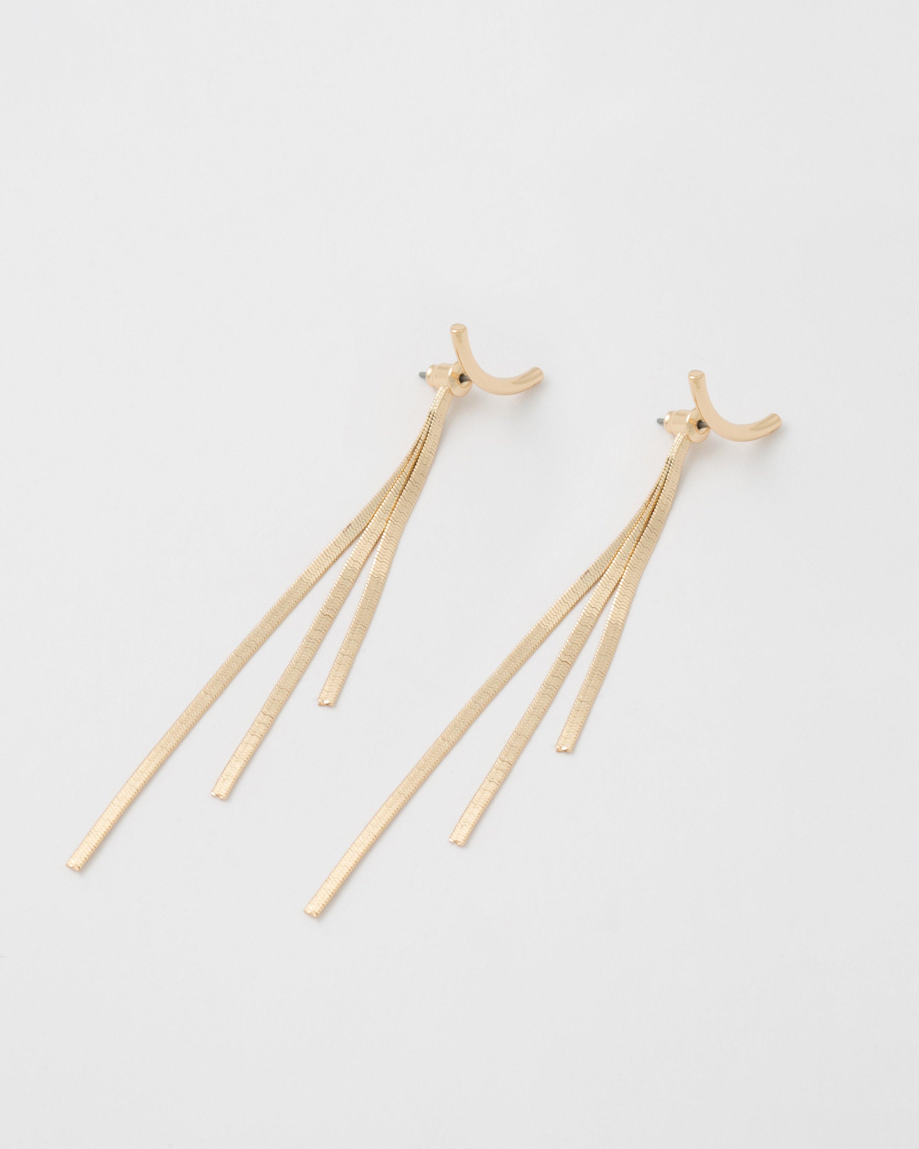 Peek-A-Boo Curved Bar and Herringbone Drop Earrings -  Gold