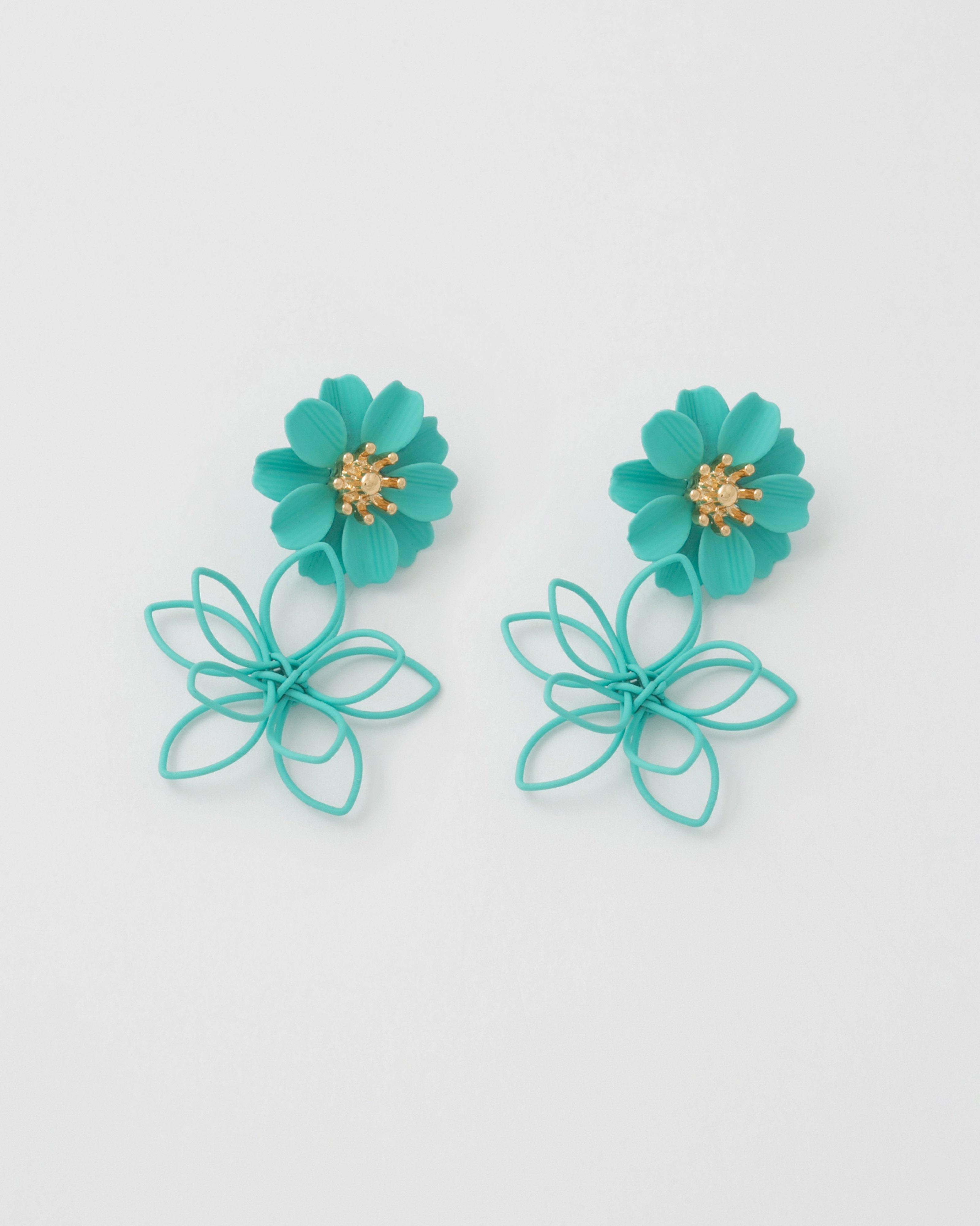 Double Outline Flower Drop Earrings -  Blue