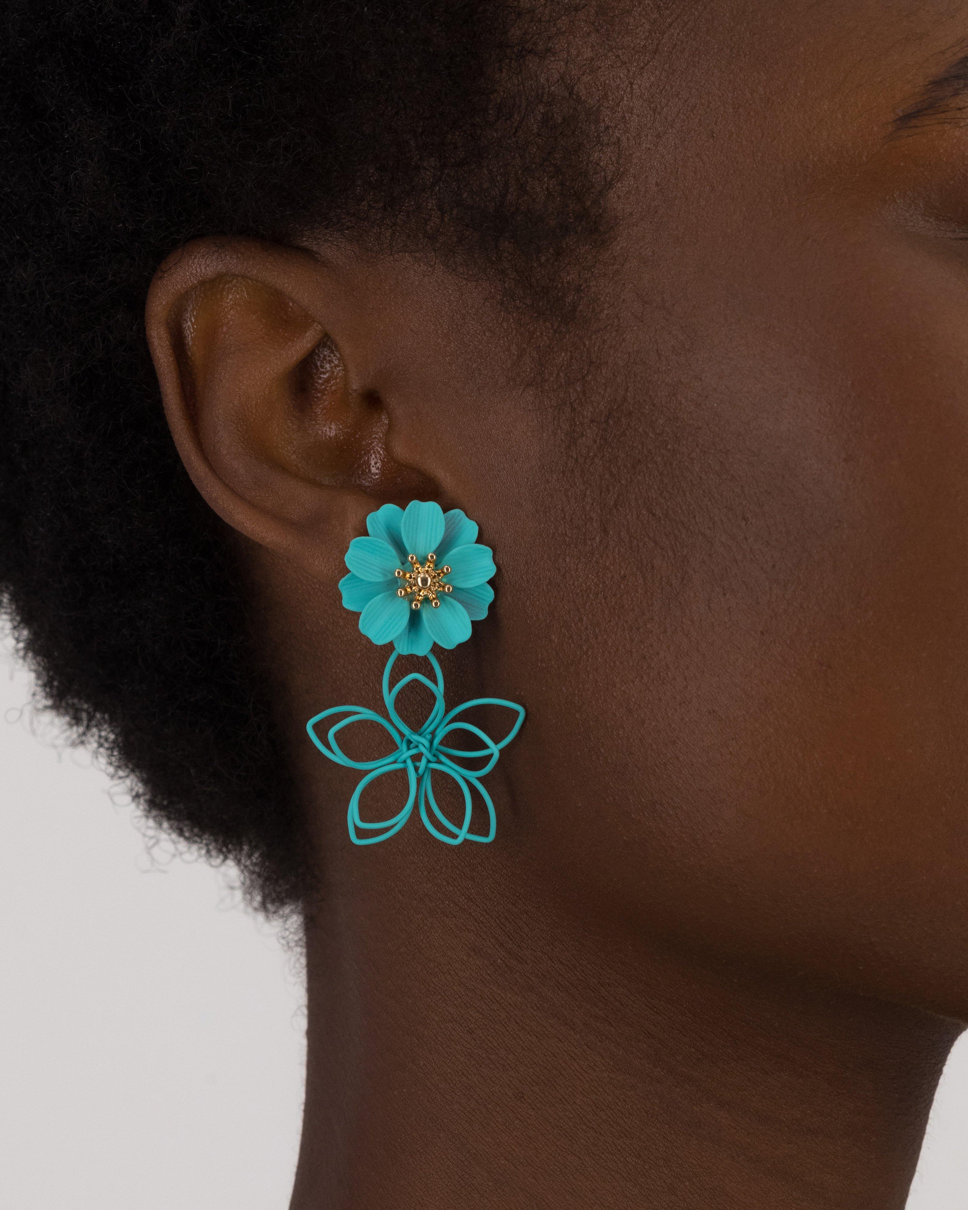 Double Outline Flower Drop Earrings -  Blue