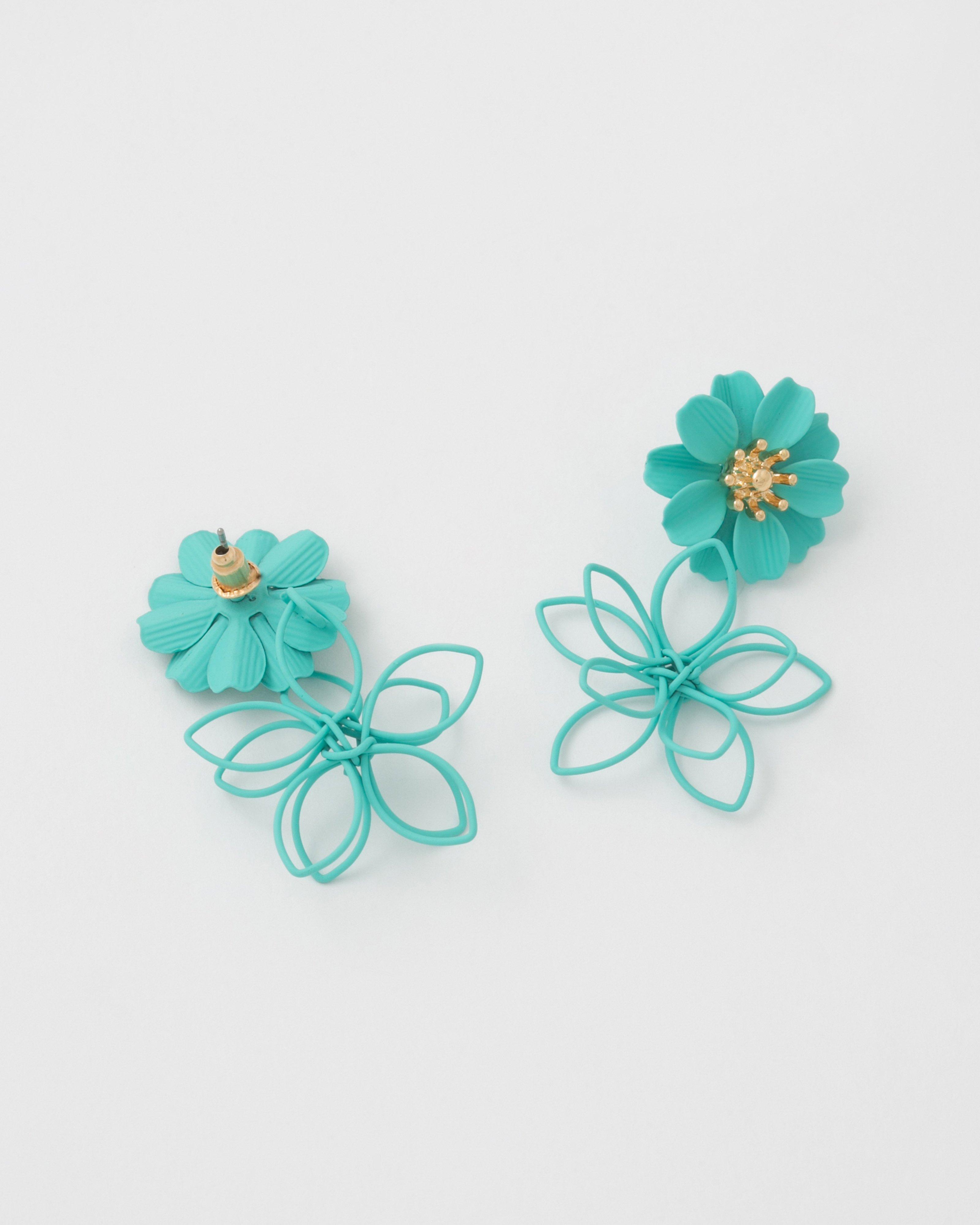 Double Outline Flower Drop Earrings -  Blue