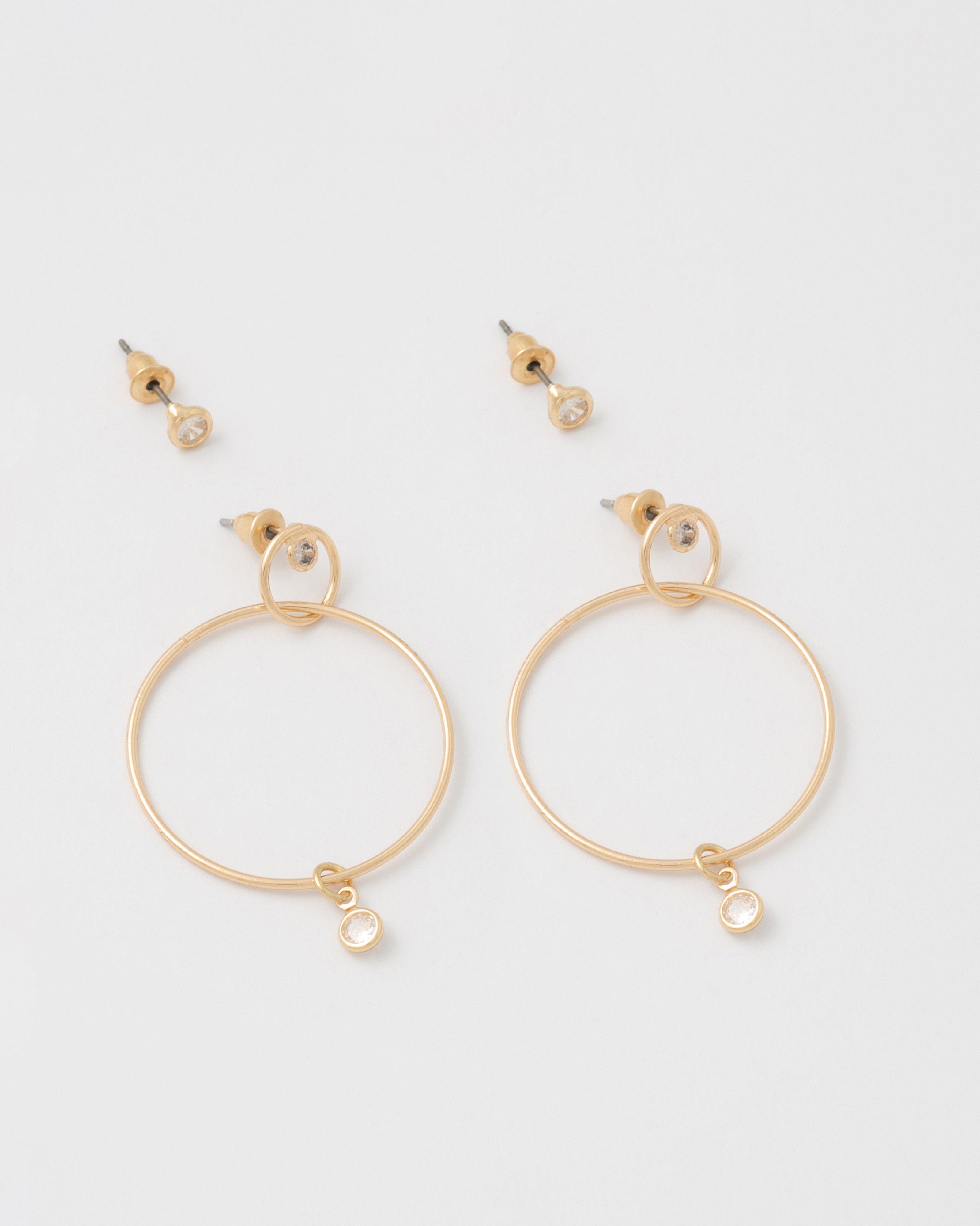 Stone Stud and Circular Link Earring Set -  Gold