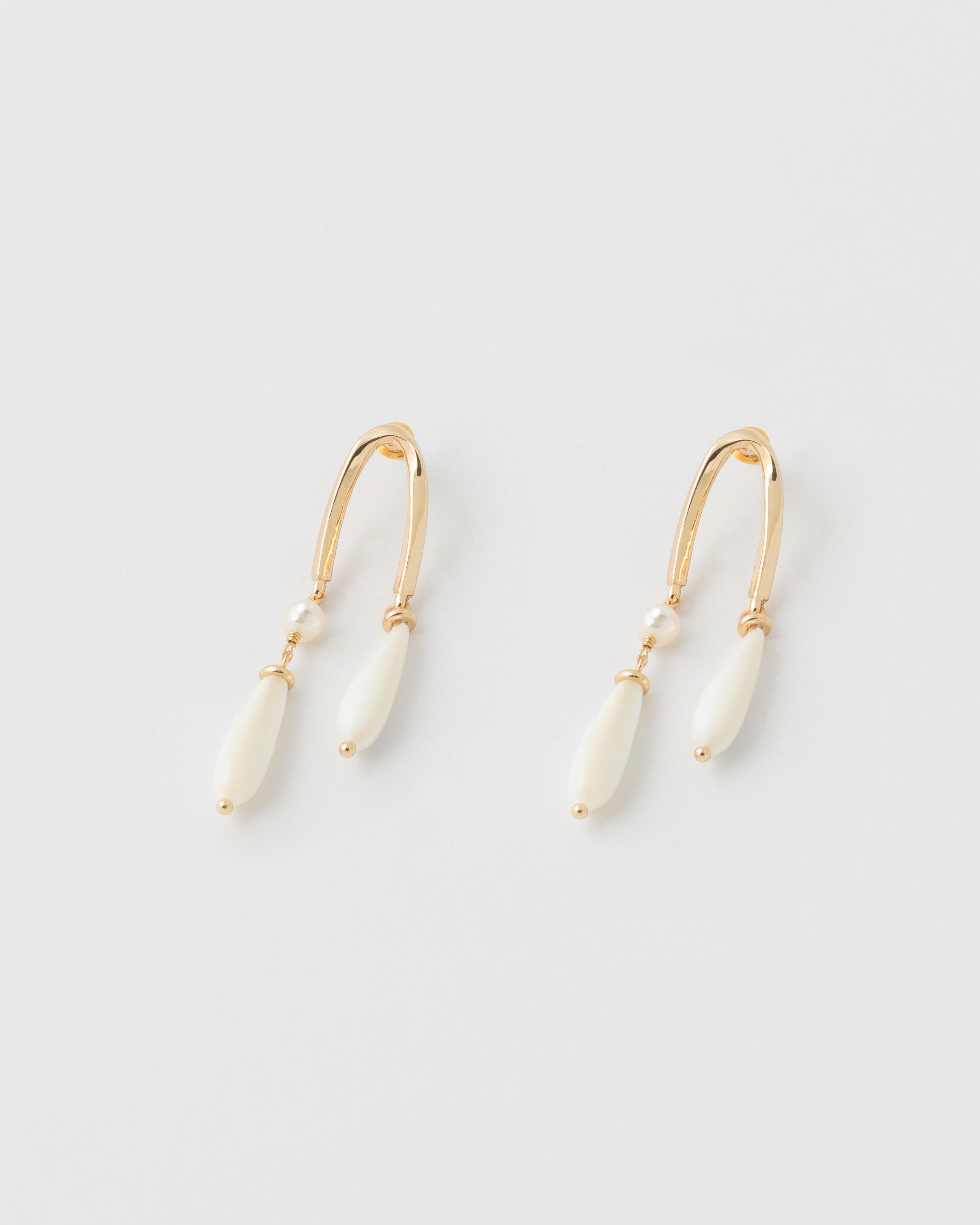 U-Shape Freshwater Pearl and Teardrop Dangly Earrings -  Milk