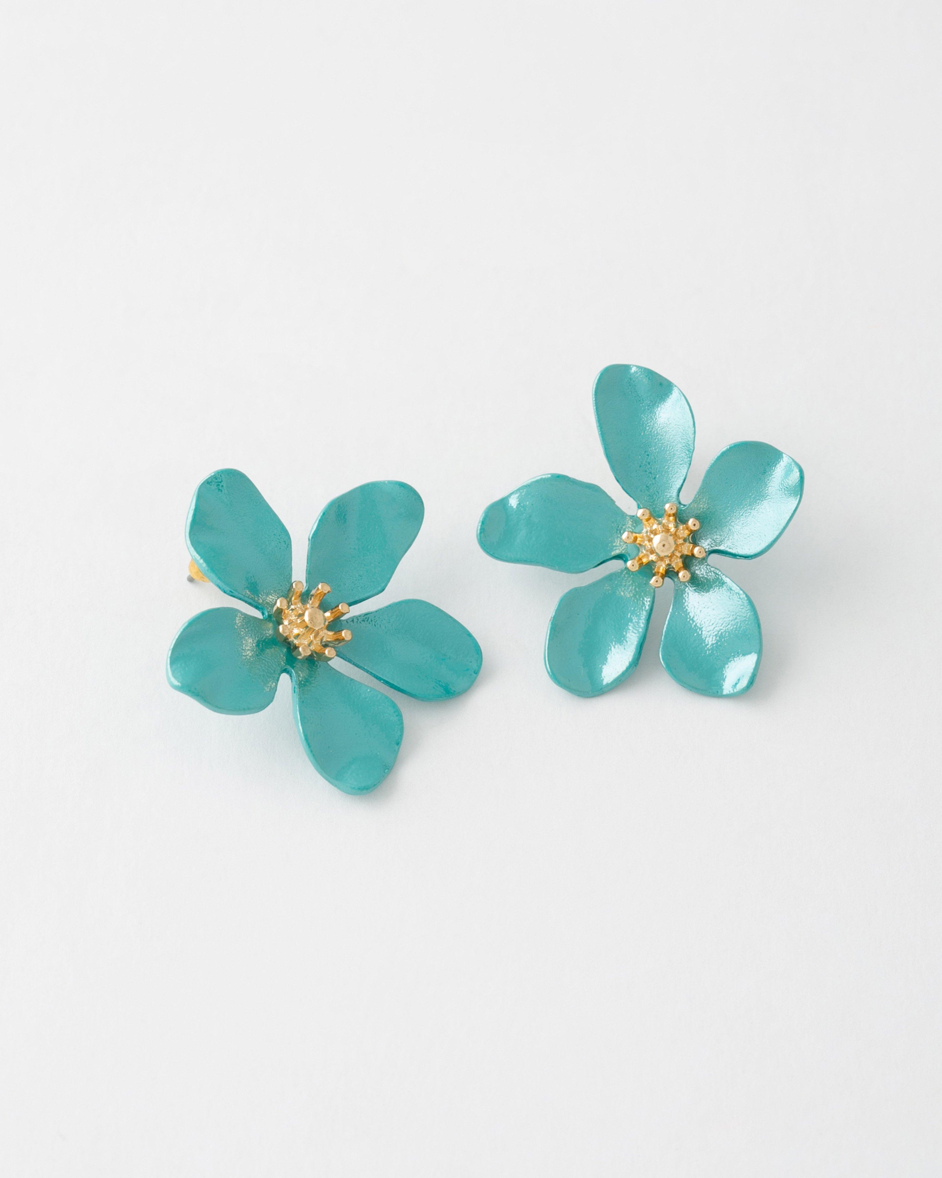 Enamel Shiny Statement Flower Stud Earrings -  Blue