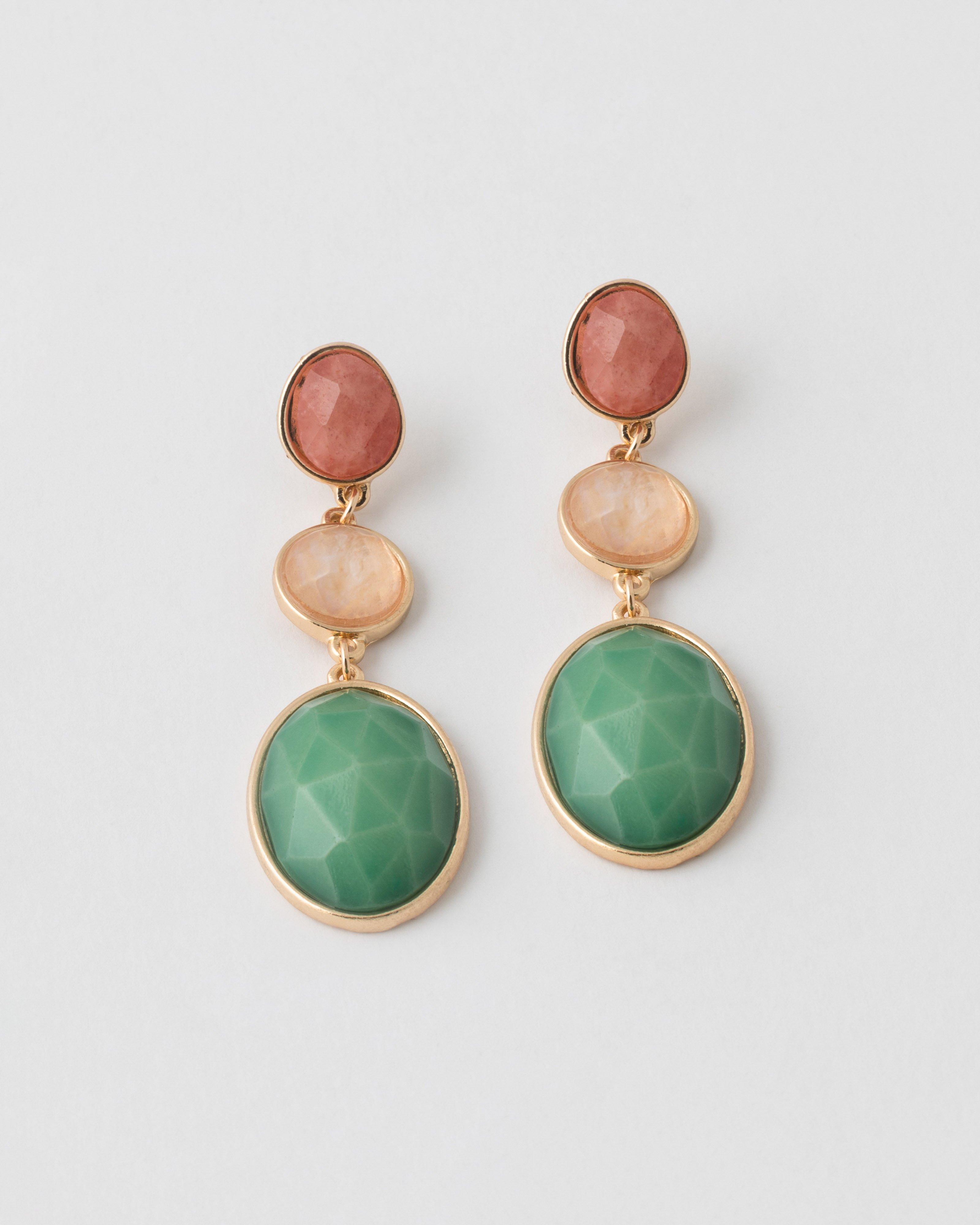 Three-Tier Vintage Statement Oval Stone Drop Earrings -  Assorted