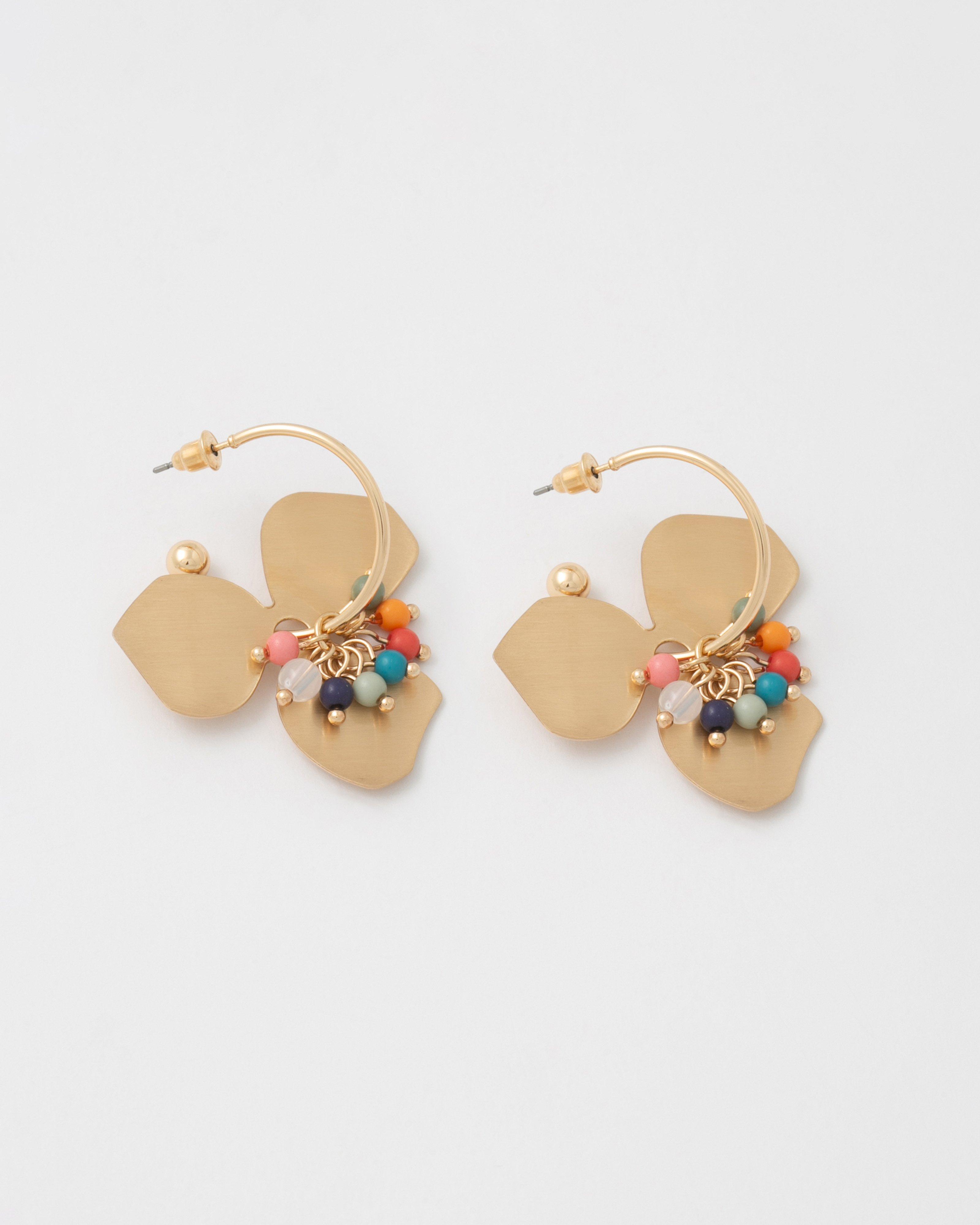  Metal Flower & Centre Beaded Drop Earrings -  Assorted
