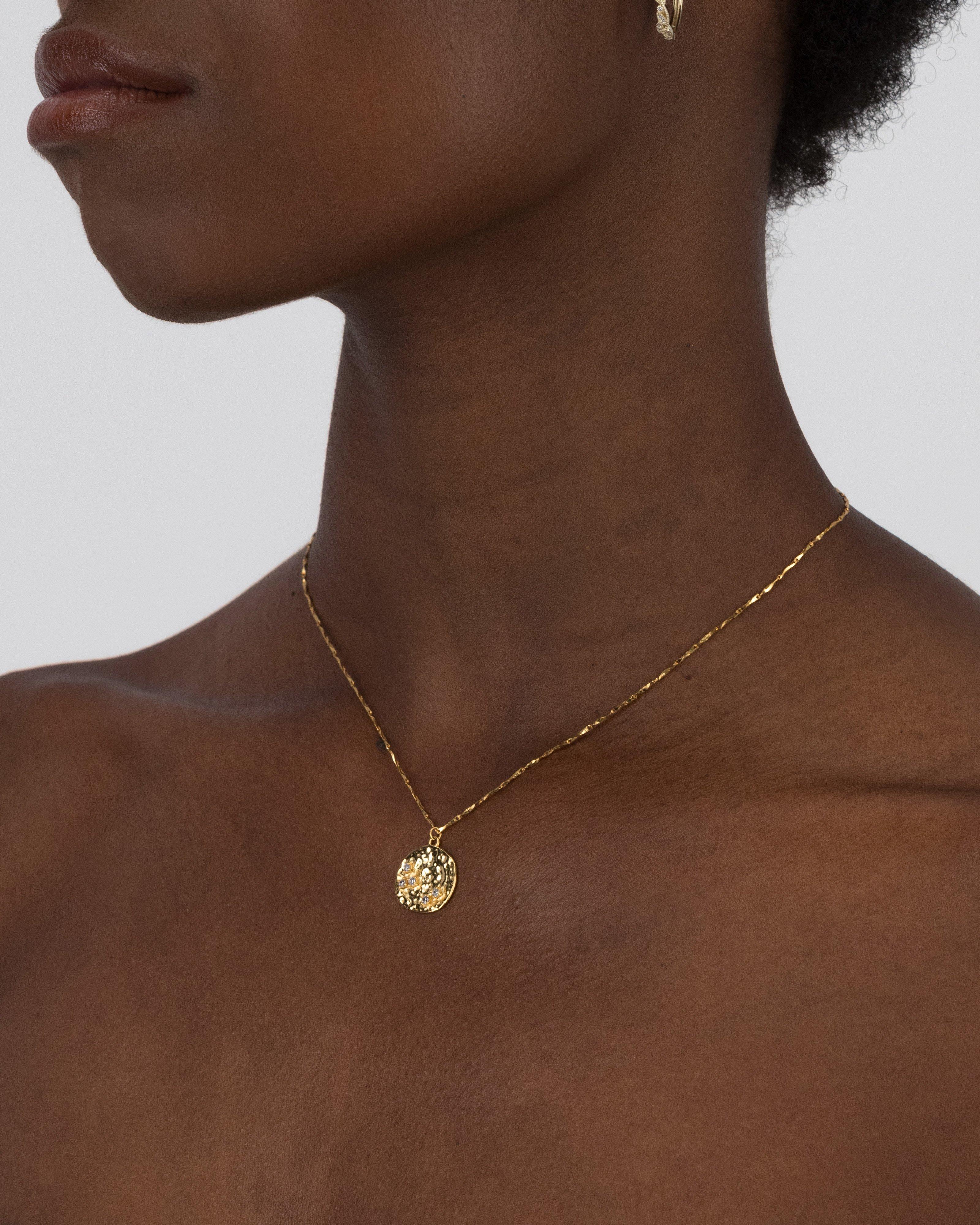 Sterling Silver Circular Indented Disk and Stone Necklace -  Gold
