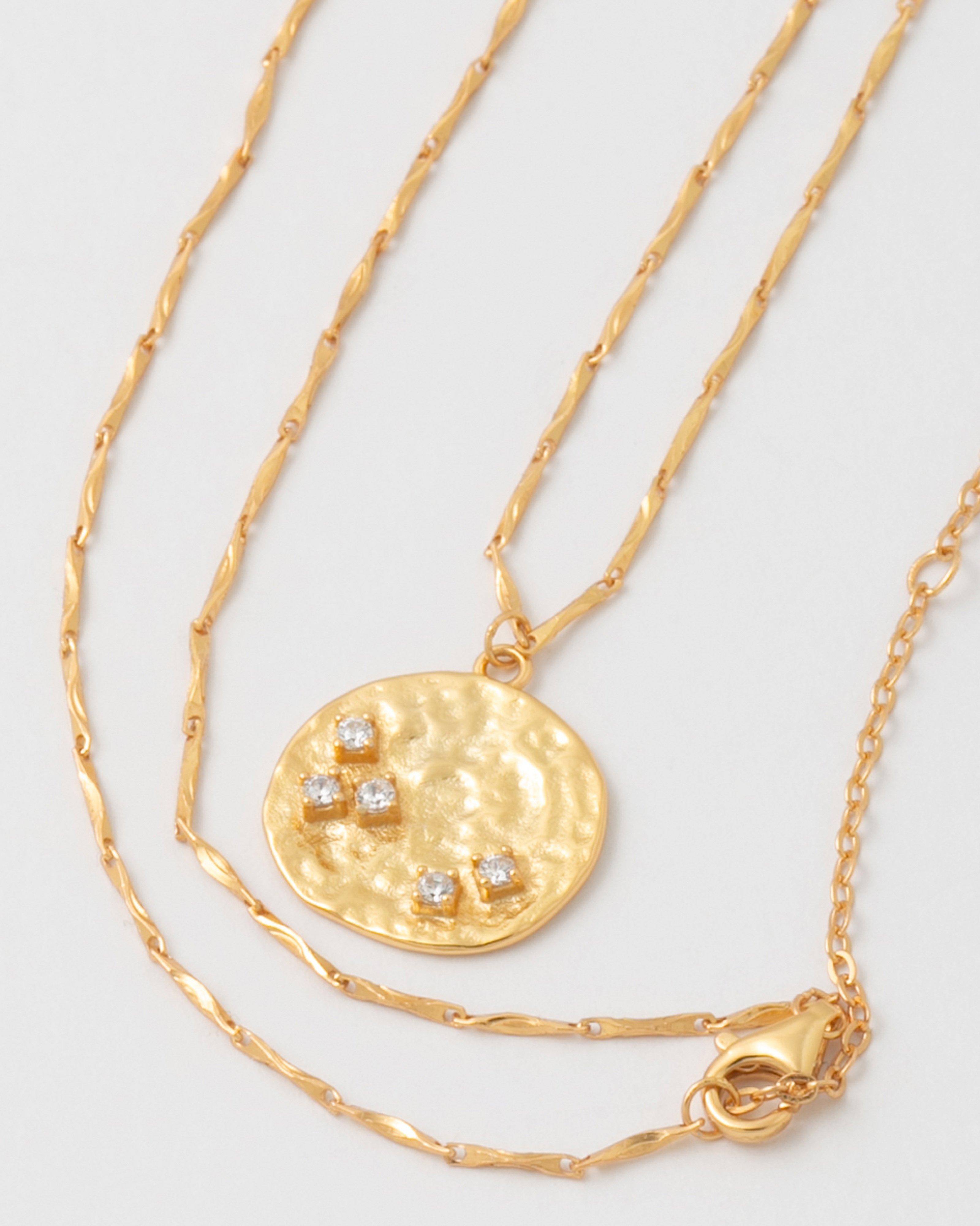 Sterling Silver Circular Indented Disk and Stone Necklace -  Gold