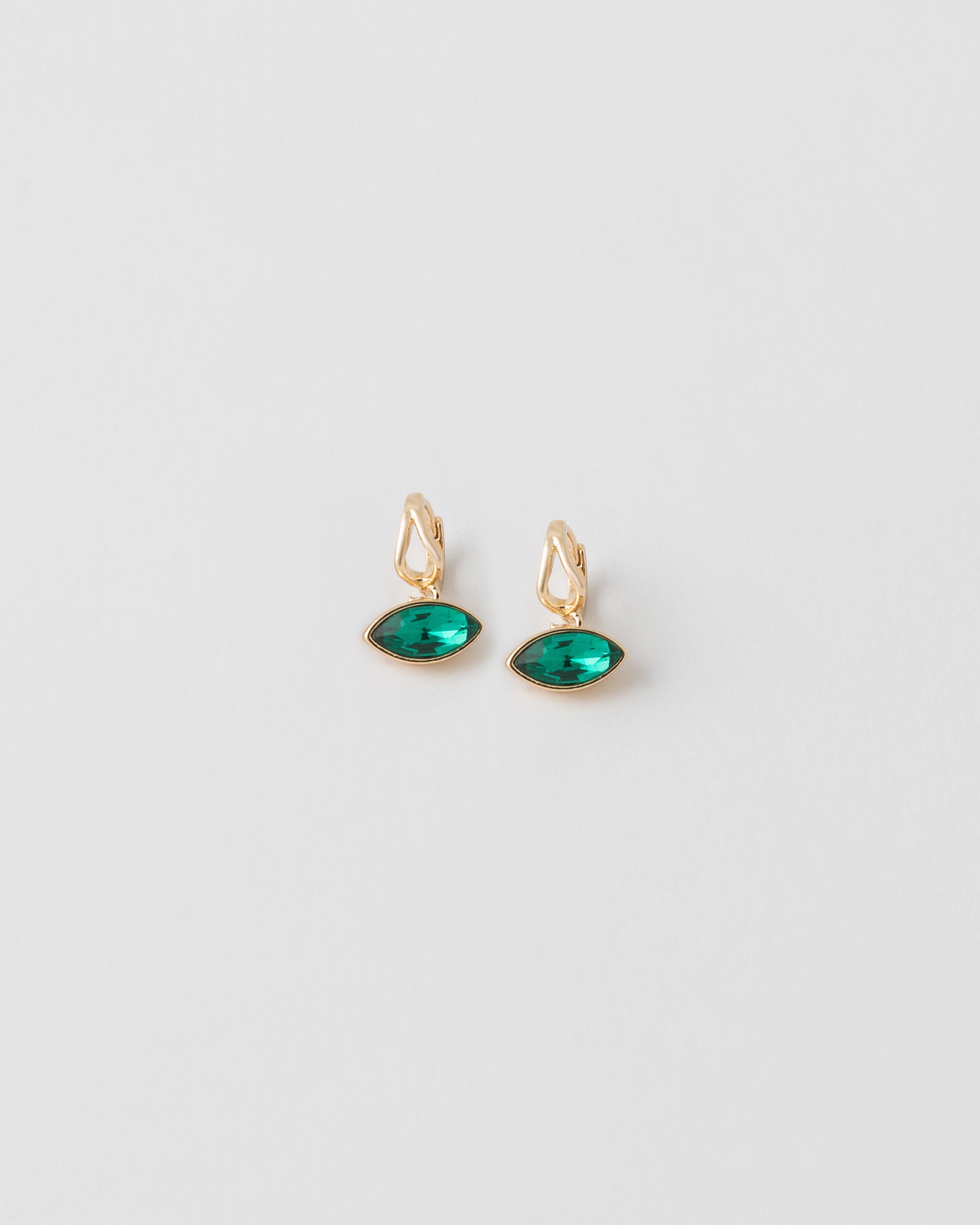 Oval Shape Glass Stone Huggie Earrings -  Green