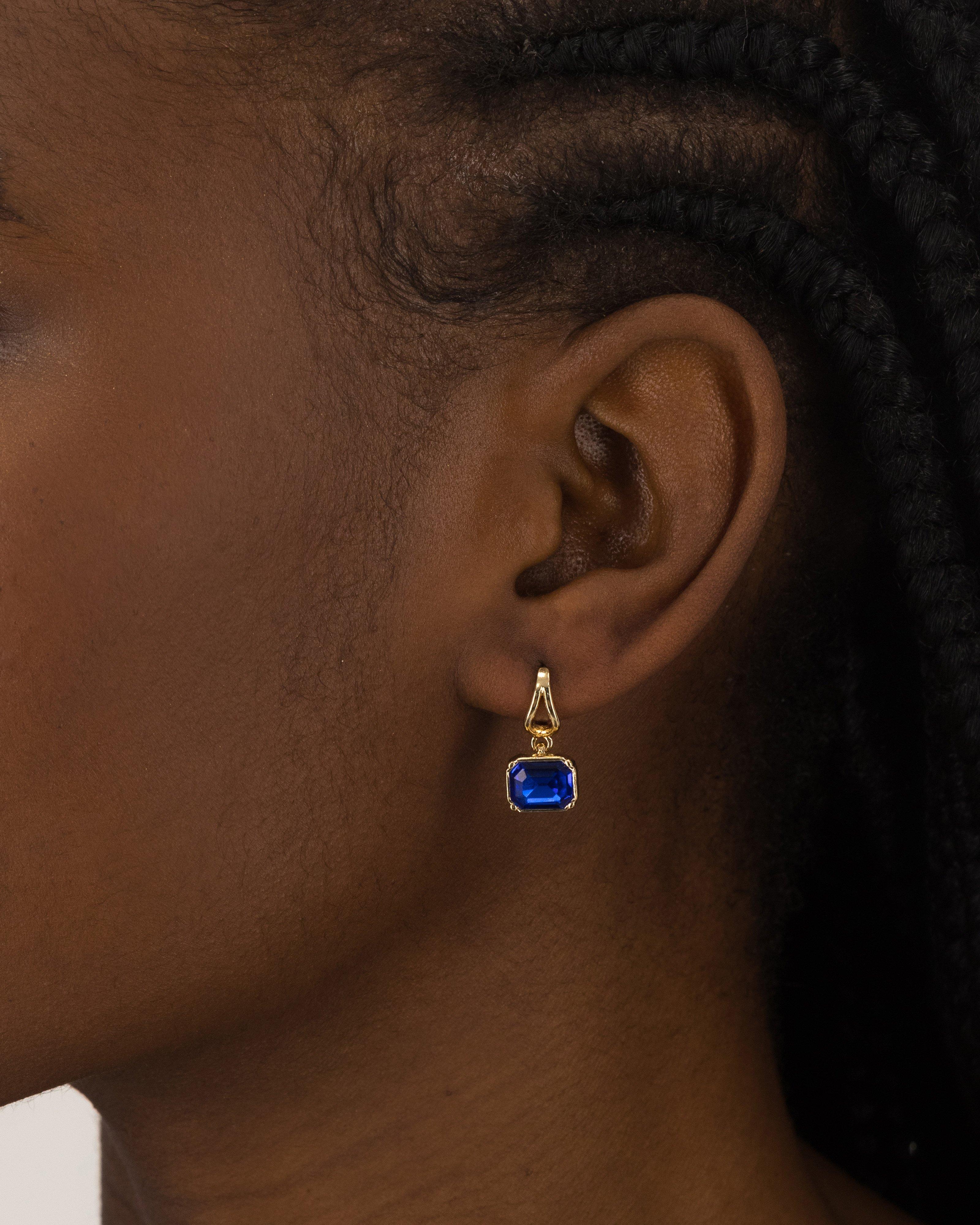 Square Shape Glass Stone Huggie Earrings -  Blue