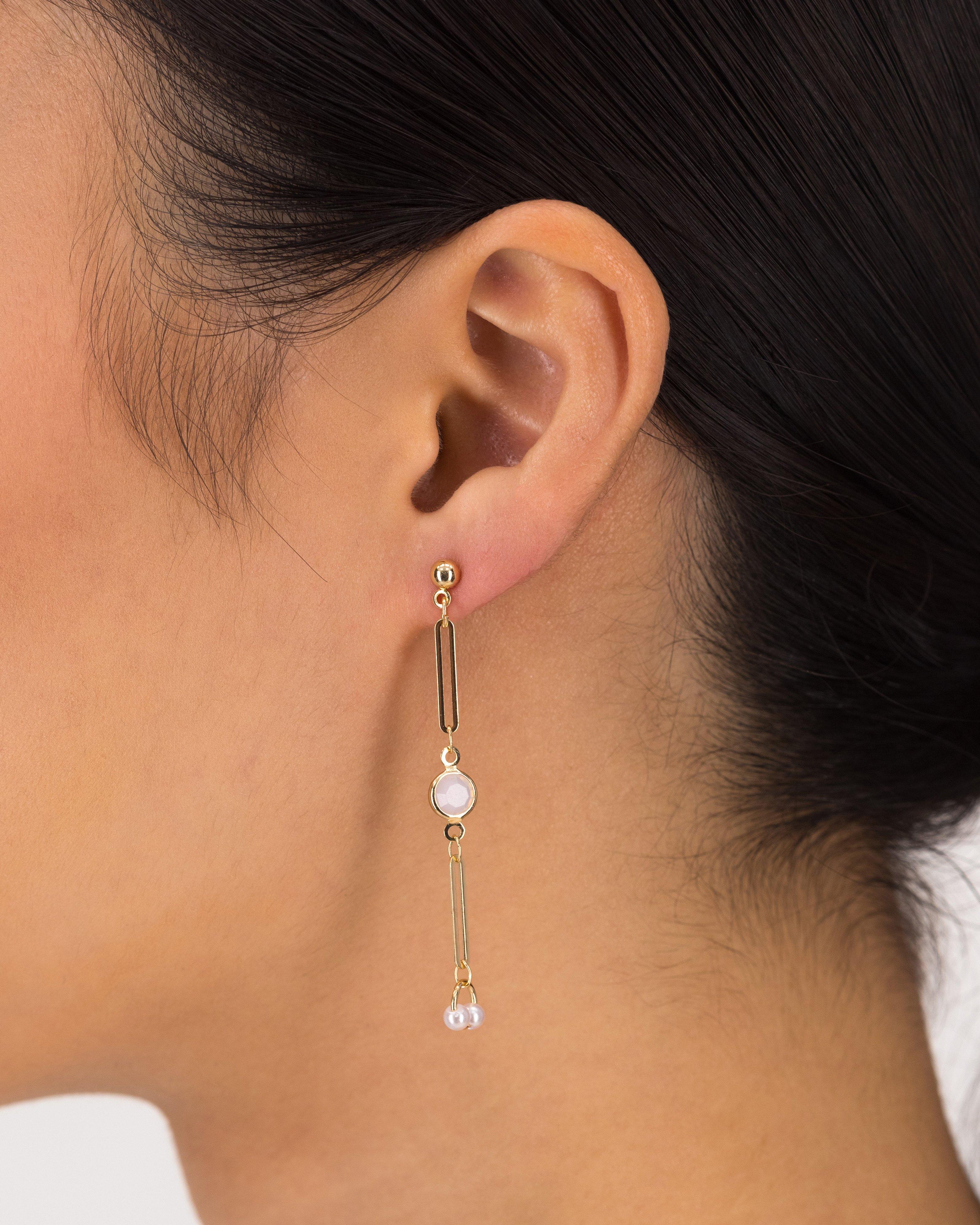 Circular Stone and Pearl Paperclip Drop Earrings -  Milk