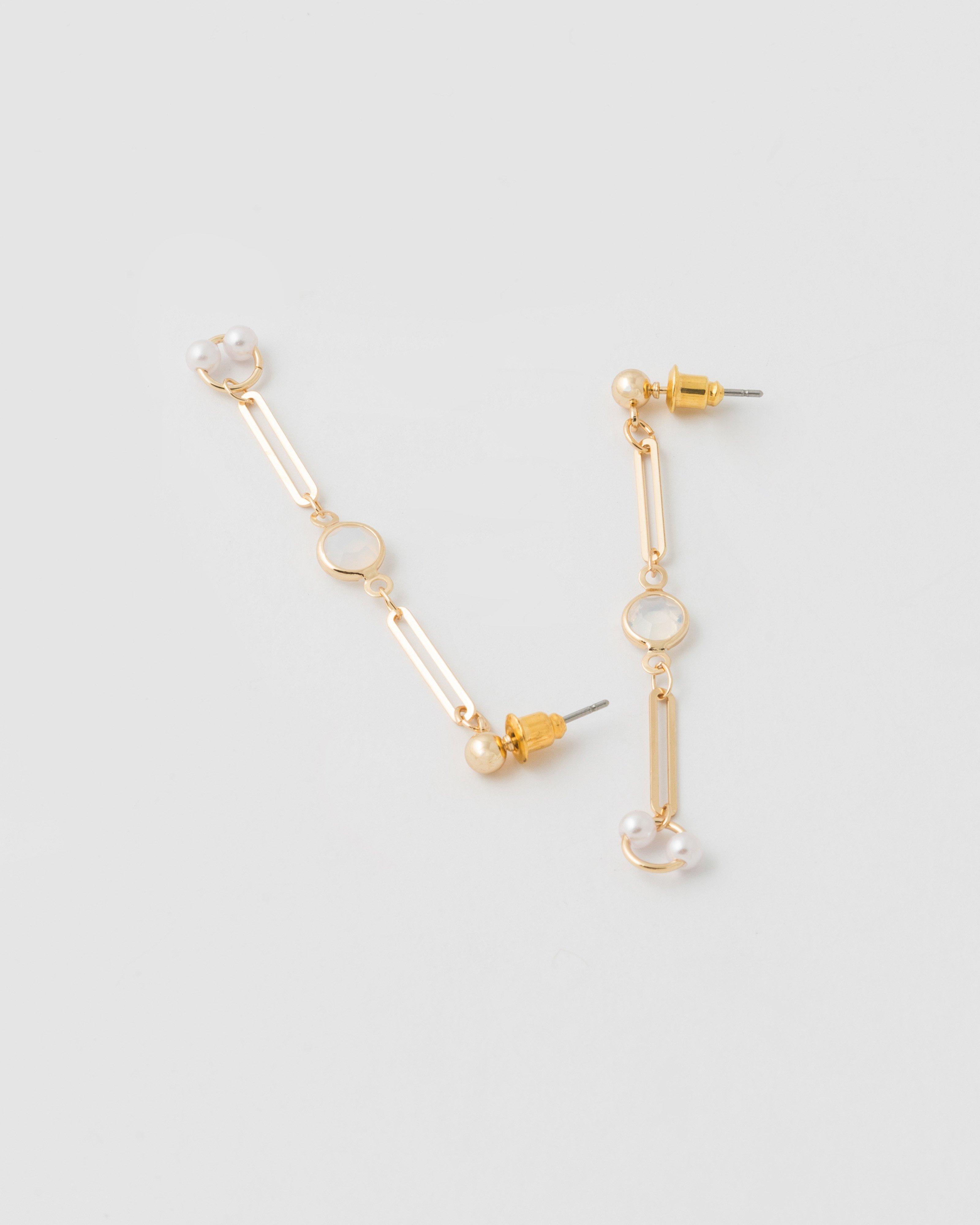 Circular Stone and Pearl Paperclip Drop Earrings -  Milk