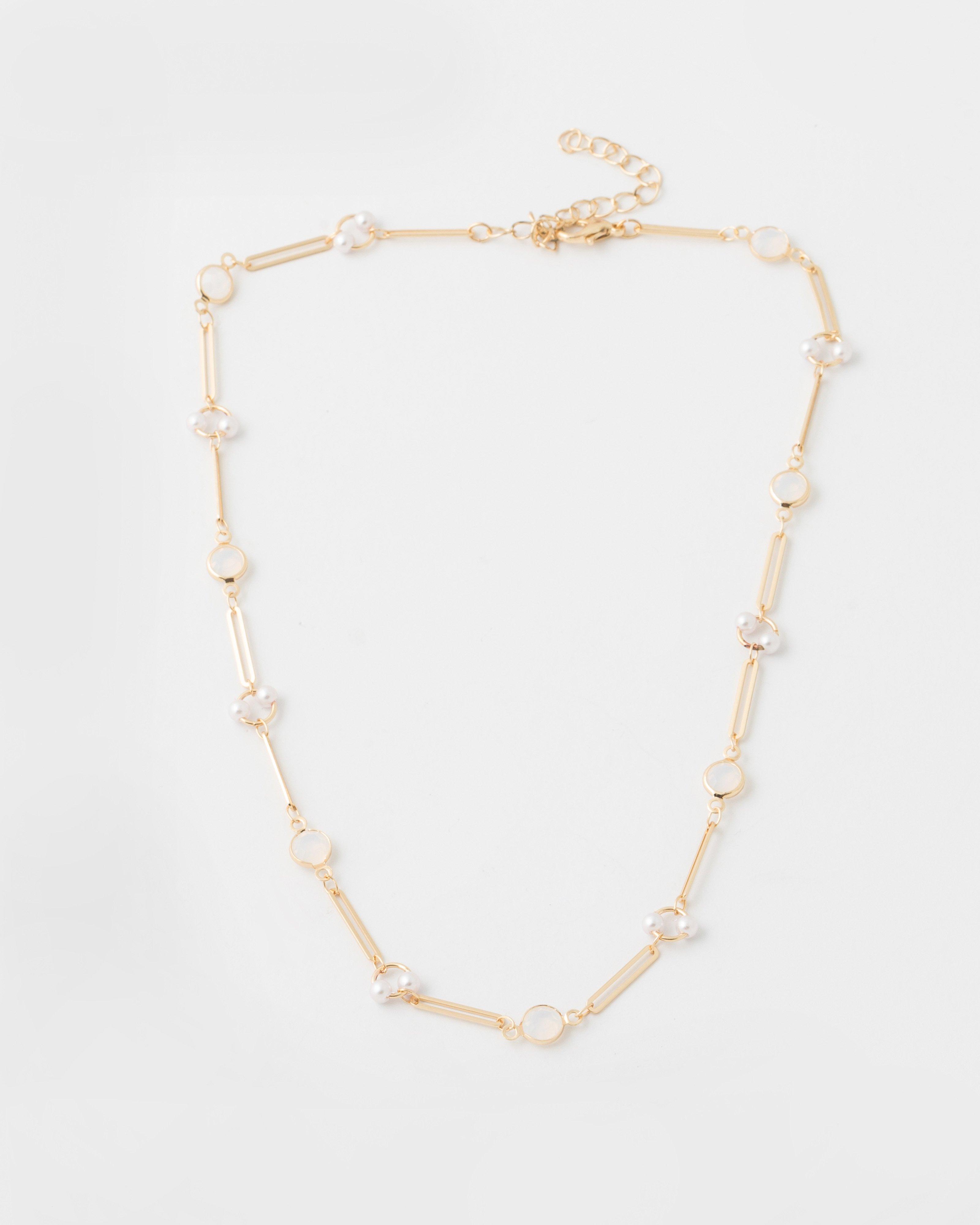 Circular Stone and Freshwater Pearl Paperclip Necklace -  Milk