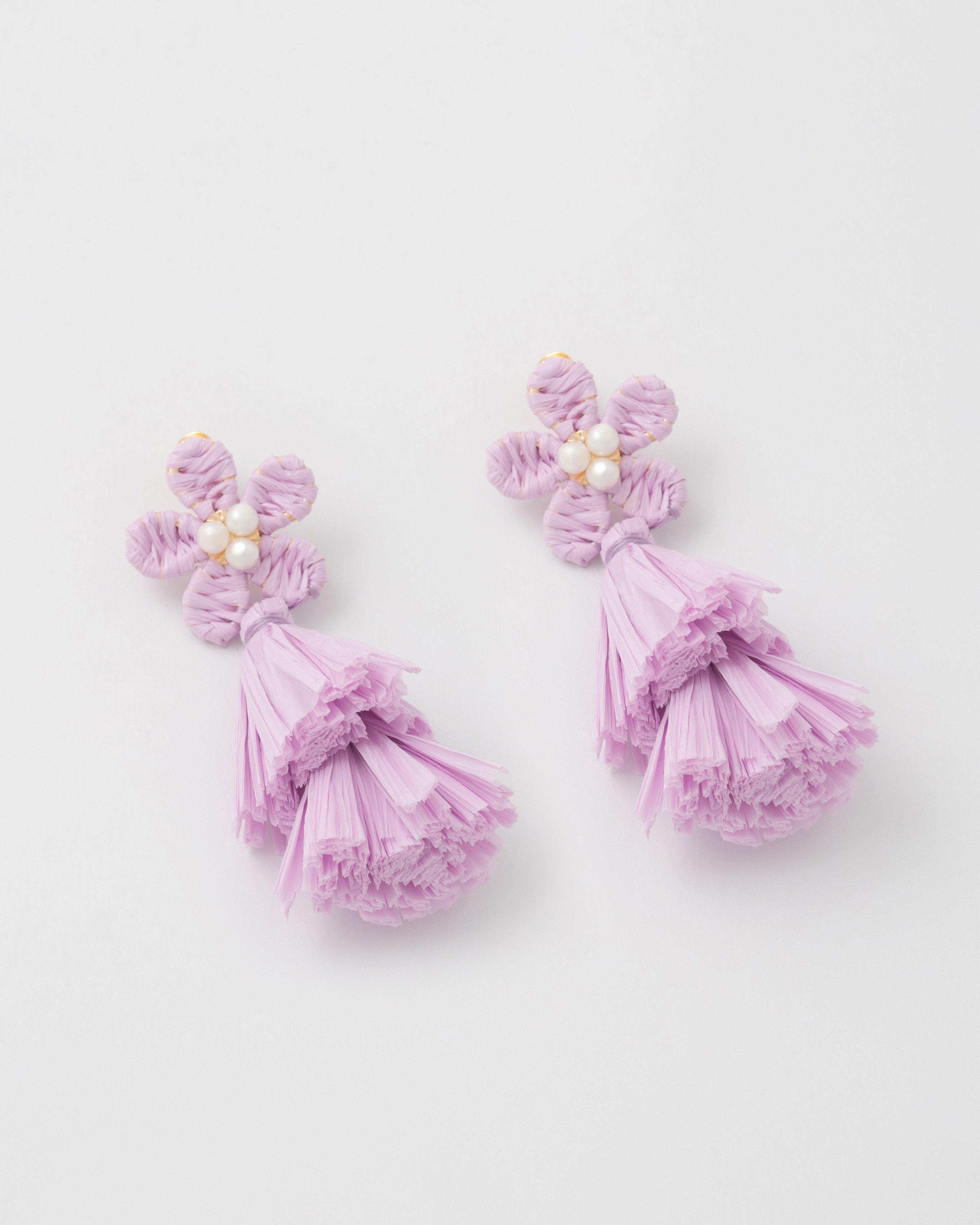 Raffia Tassel and Flower Statement Earrings -  Purple