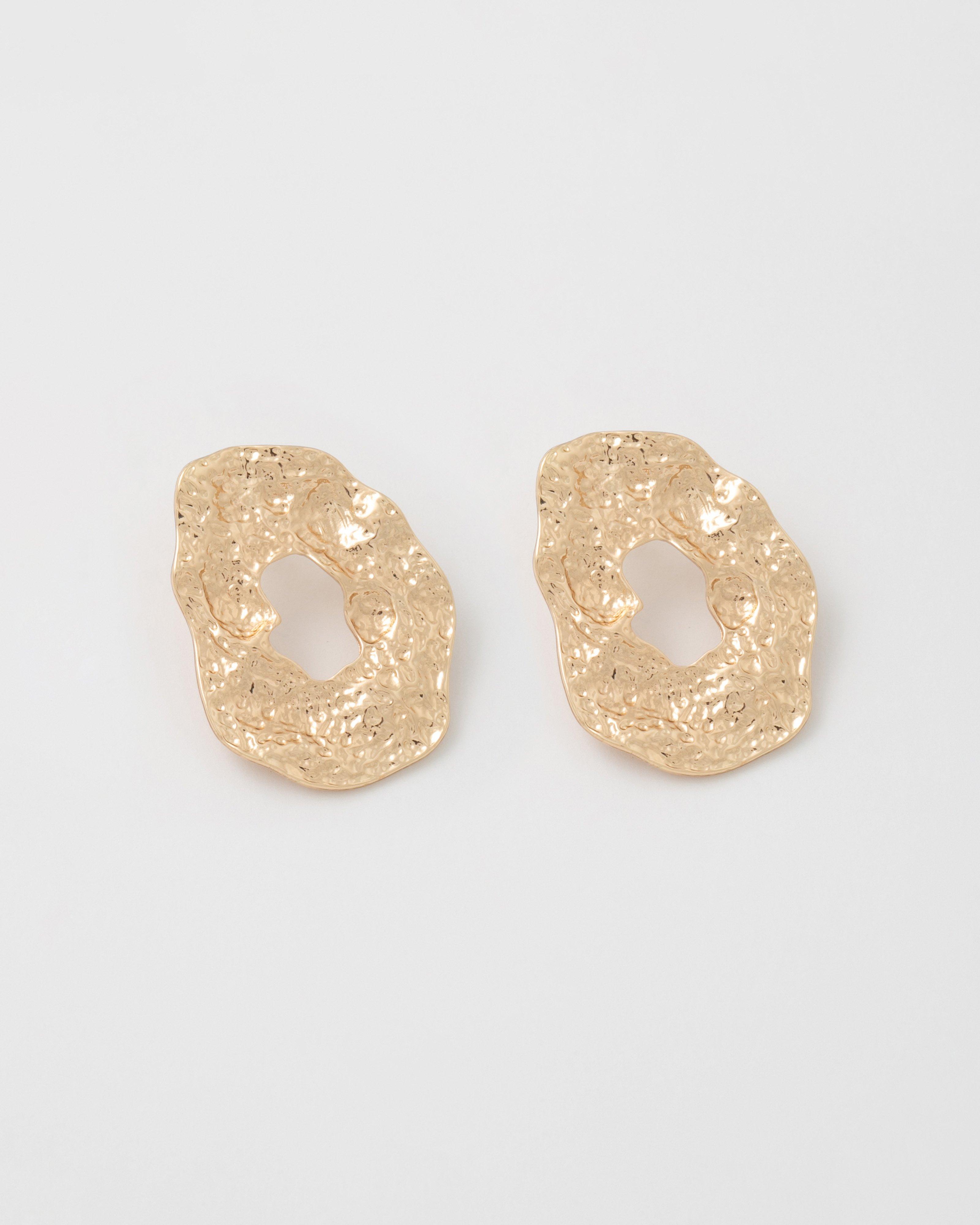 Organic Shiny Indented Textured Stud Earrings -  Gold